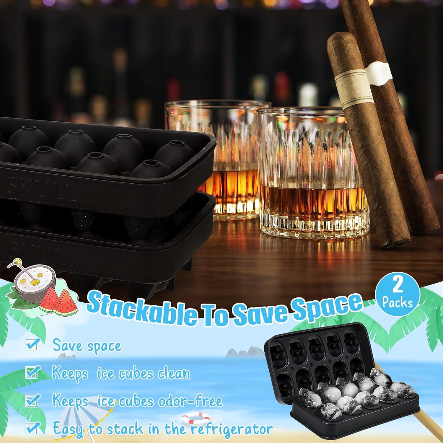 Hoolerry Paquete de 2 moldes para cubitos de hielo de calavera de silicona, molde flexible para cubitos de hielo de calavera para hornear whisky,