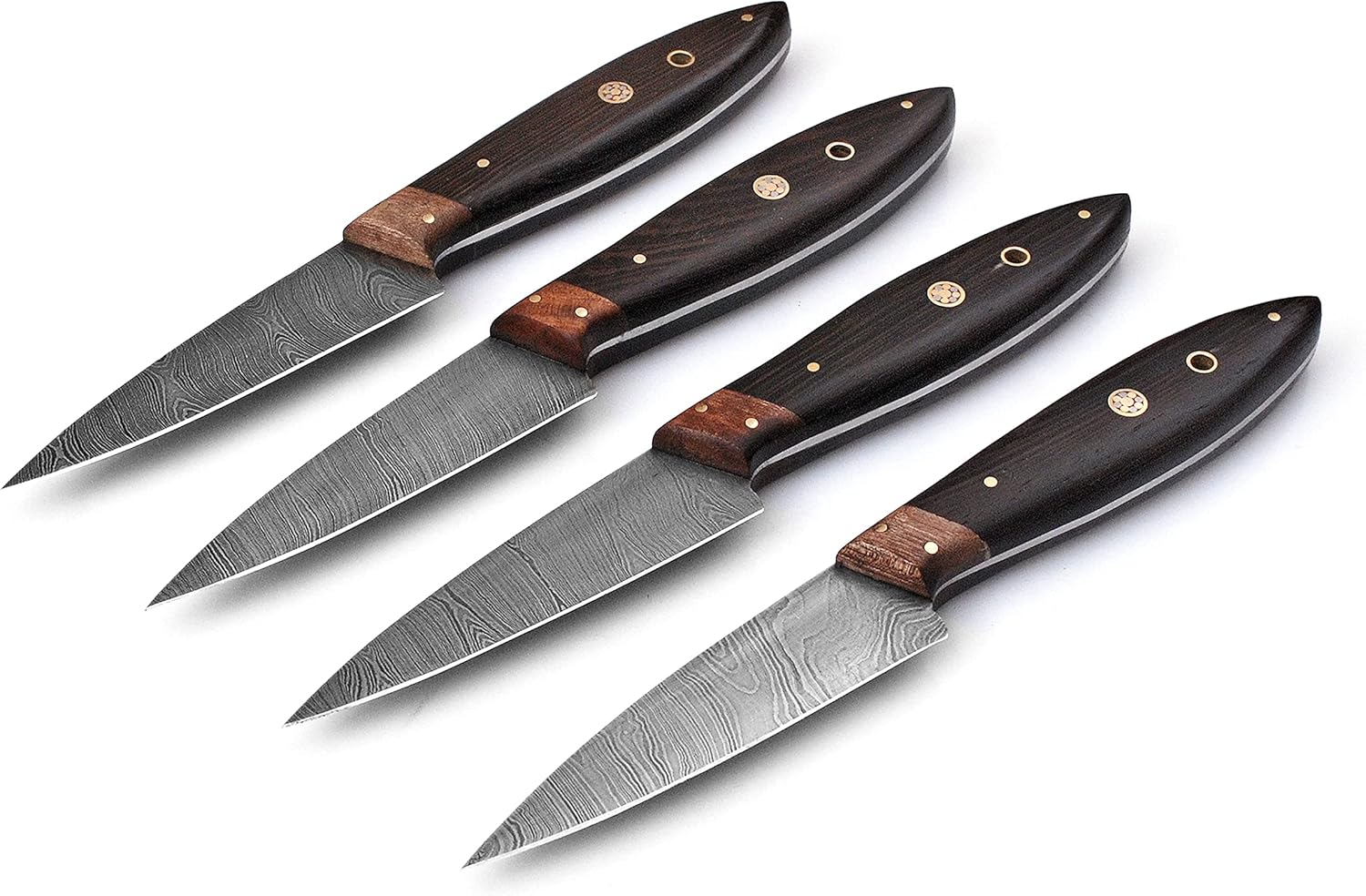 Juego de cuchillos de carne hechos a mano de acero de Damasco – Juego de 4 cuchillos para carne con mango de madera de Pakka (madera de wengué negro)