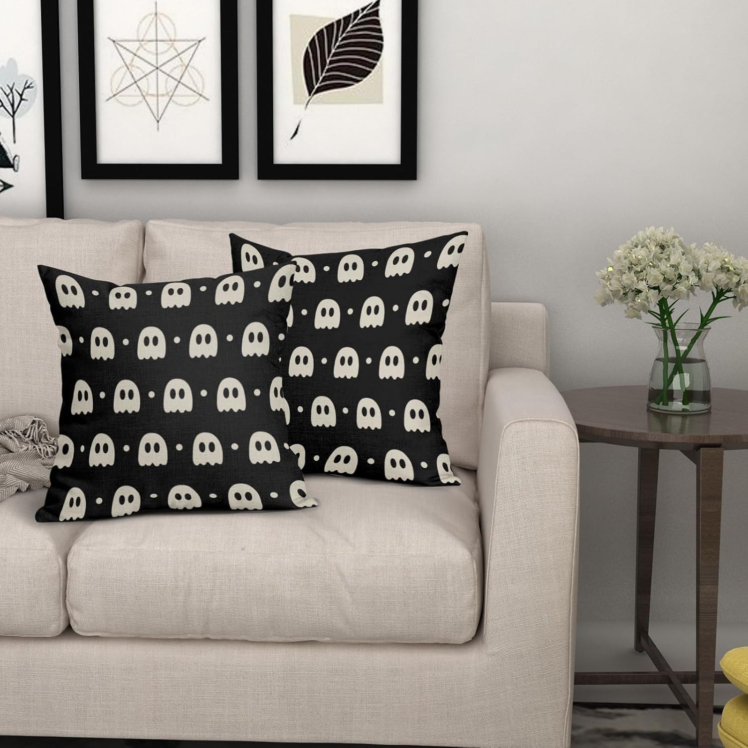 Juego de 2 fundas de almohada de fantasma negro y beige de 18 x 18 pulgadas  18.0 x 18.0 in., bonitas fundas de almohada decorativas de lino de