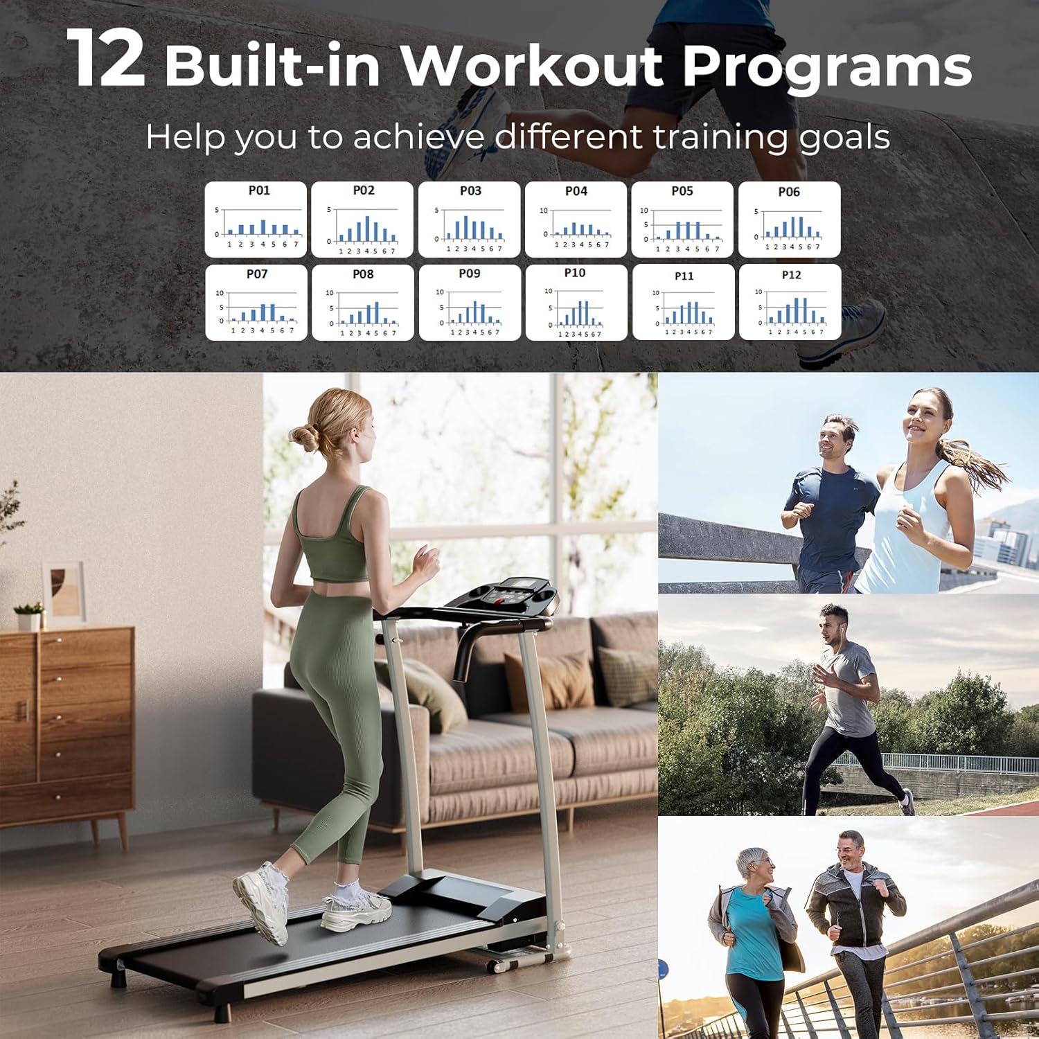 GYMAX Cinta de correr plegable, caminadora plegable independiente de fácil montaje con 12 programas preestablecidos, monitor LCD, ruedas integradas