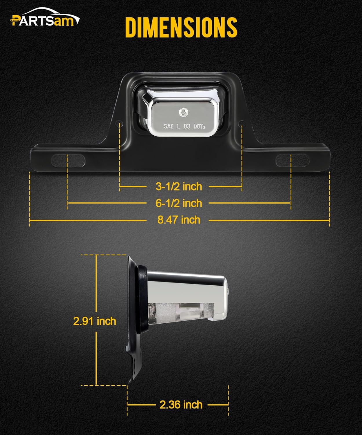 Partsam Luz LED para matrícula, cromada, impermeable, 12 V CC, con soporte, orificio de drenaje, soporte de acero, carcasa de ABS, lente como lente
