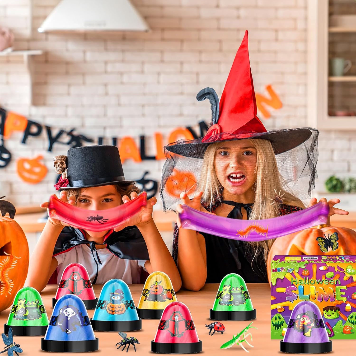 MGparty Recuerdos de fiesta de Halloween para niños, paquete de 12 unidades de slime con insectos de plástico, juguetes de limo para aliviar el