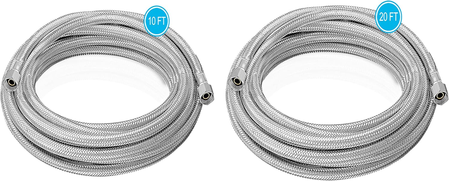 Línea de agua para refrigerador, manguera de agua trenzada de acero inoxidable de alta calidad de 10 pies + 20 pies, tubo interior PEX de grado