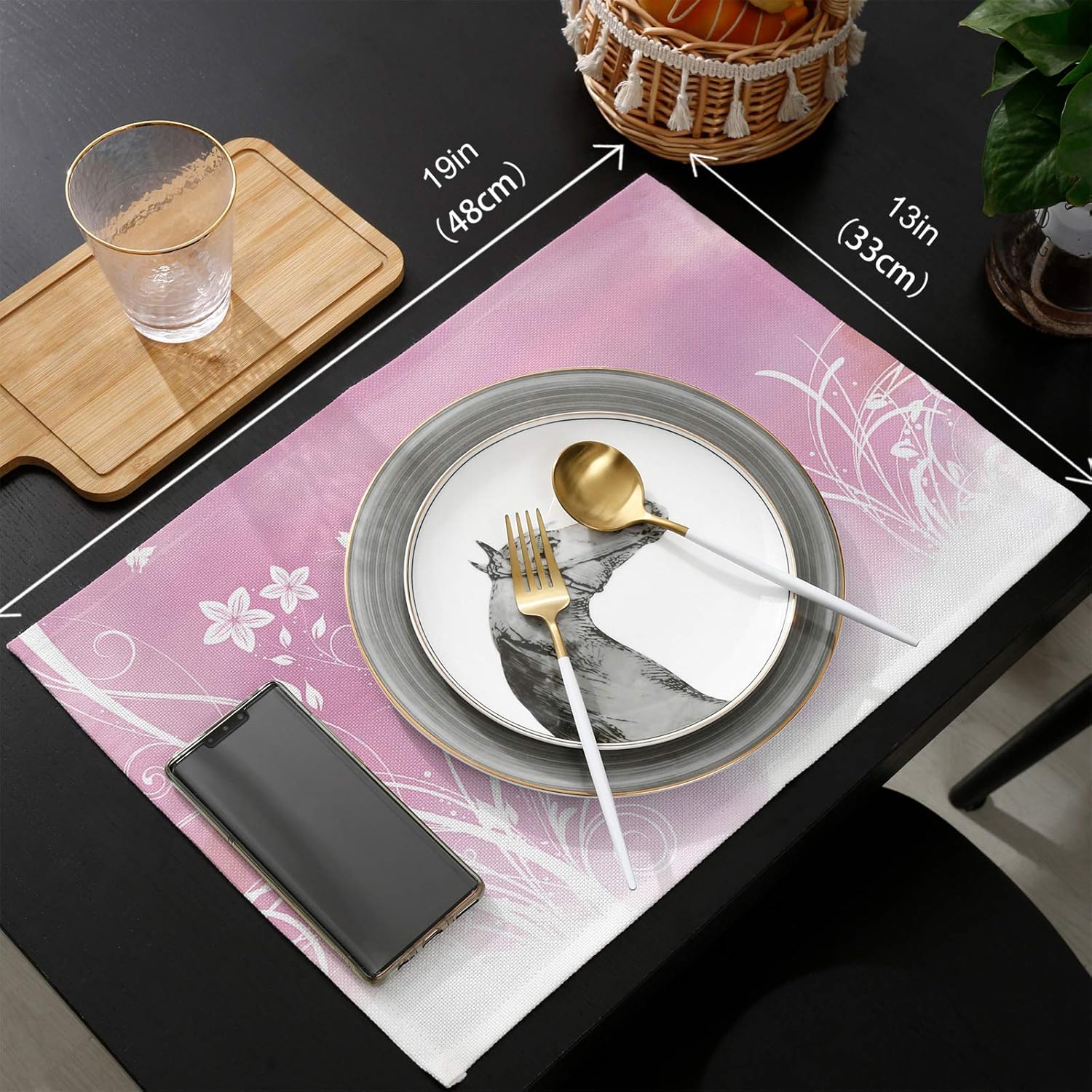 OUR WINGS Juego de 6 manteles individuales de arpillera de lino para mesa de comedor, cocina, decoración de fiestas, diseño floral de mariposa,
