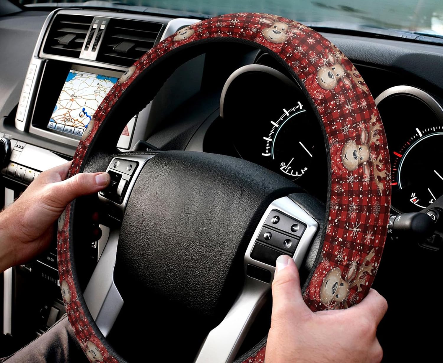 Car Steering Wheel Cover, Christmas Snowflake Elk Red Plaid Elastic Stretch Sponge Steering Wheels Protective Cover for Vehicles Trucks SUVs