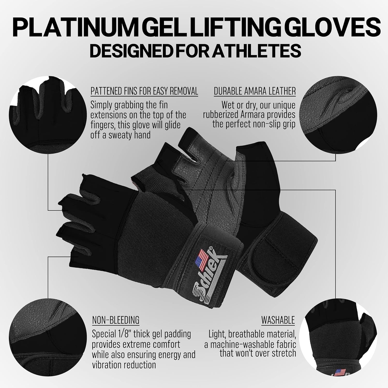 Schiek Sports 530 Platinum – Guantes de levantamiento de pesas con almohadilla de gel, guantes de cuero Amara para mujer y hombre