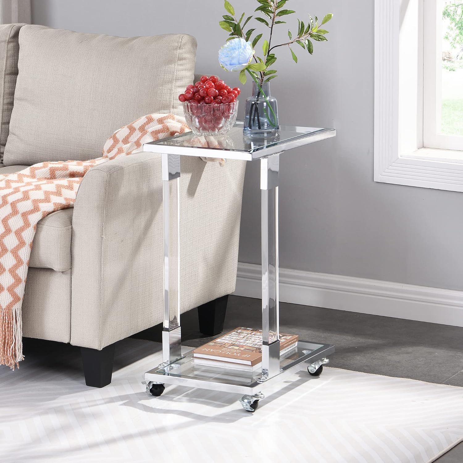 Mesa auxiliar móvil de vidrio acrílico, mesa auxiliar con ruedas, mesa auxiliar de sofá en forma de C sobre la cama, mesa de noche rodante, mesa de