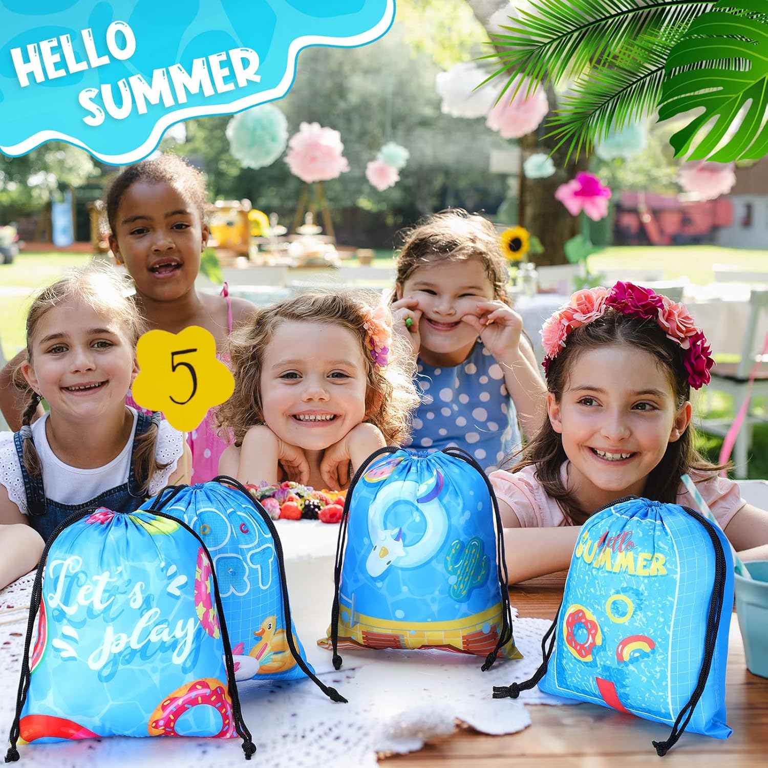 12 bolsas de fiesta de verano en la piscina, con cordón, bolsa de playa, bolsas de regalo, bolsas de regalo de tiburón de playa, suministros de
