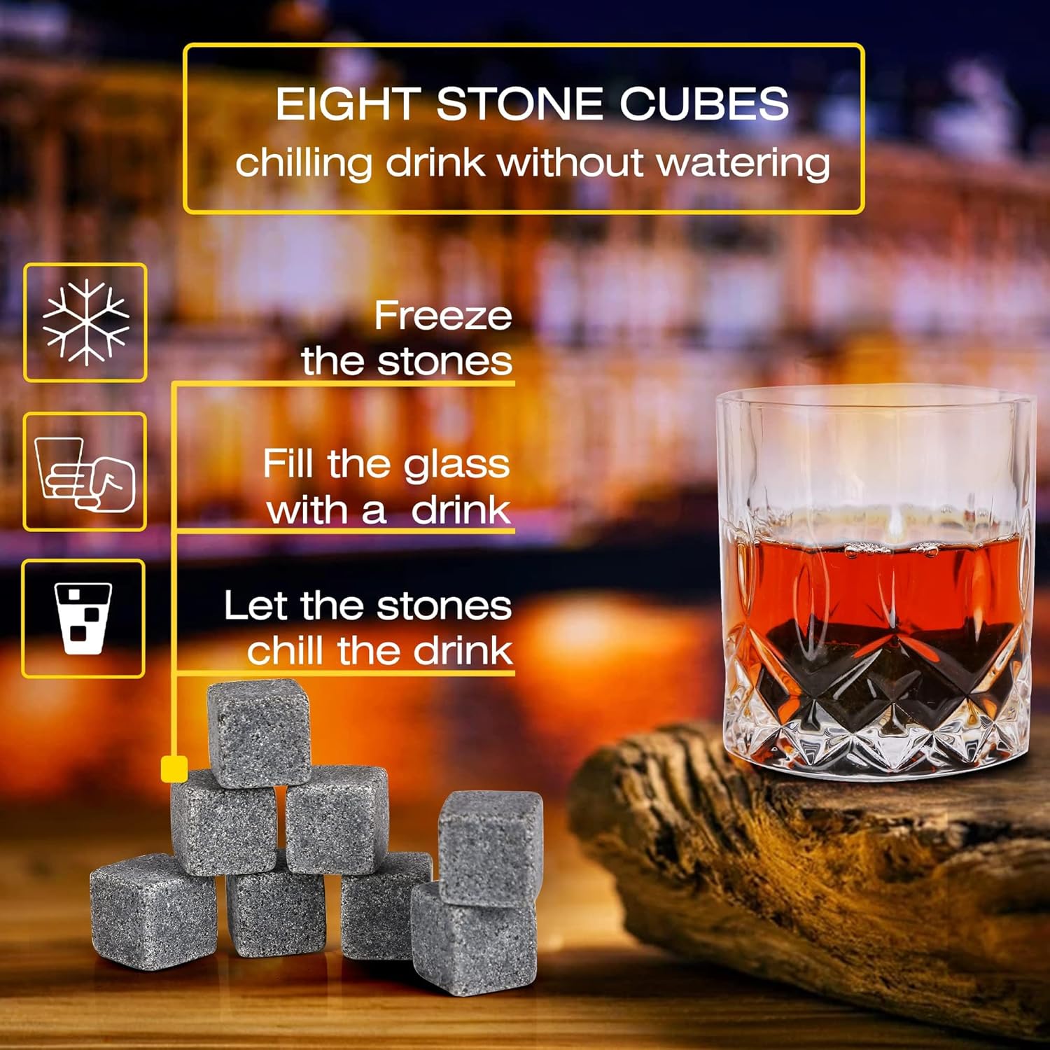JROUTH Juego de 2 vasos de whisky y frasco, piedras de borbón, regalo para hombres, incluye vasos de cristal de whisky, rocas de granito, posavasos