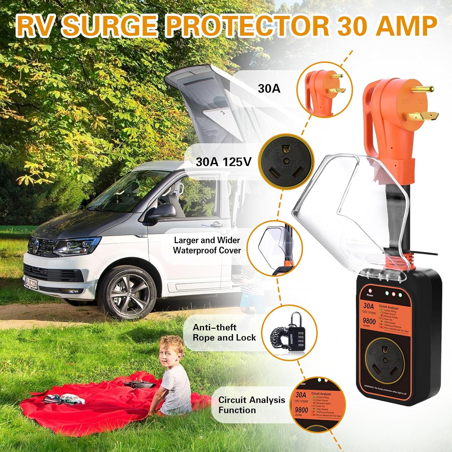 Protector de sobretensiones RV de 30 amperios, 9800 julios mejorados, certificado UL y FCC, RoHS, protector de voltaje de alimentación con cubierta