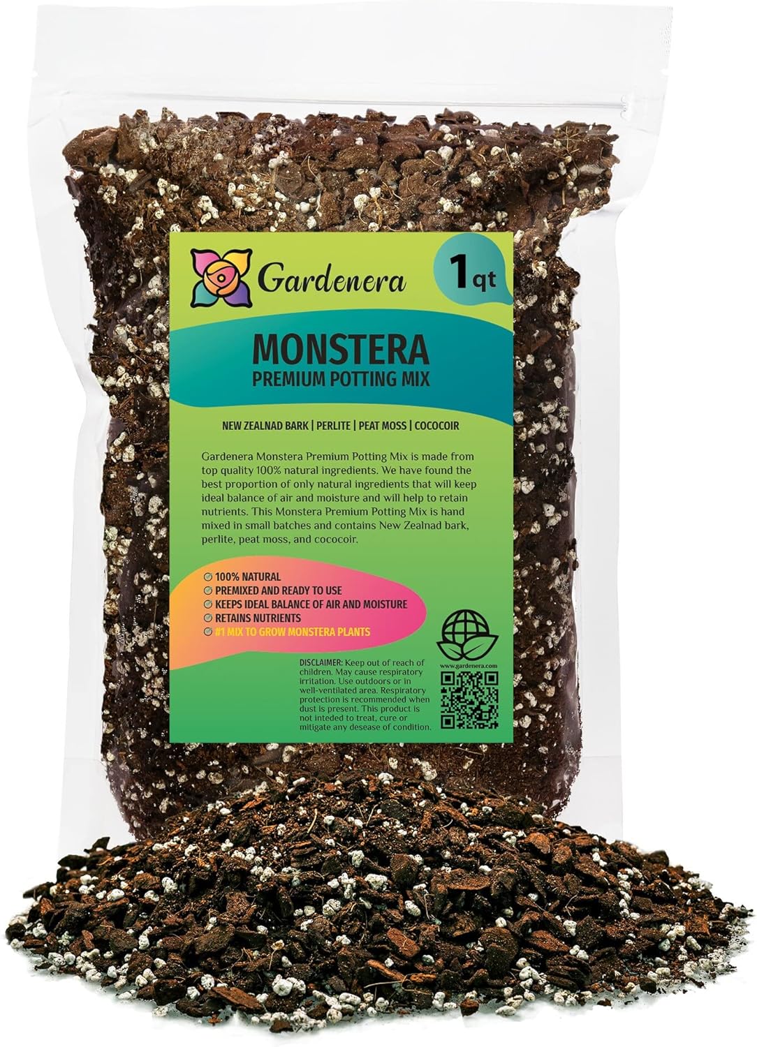 Mezcla de tierra Monstera prémium de Gardenera – Drenaje perfecto y retención de humedad para plantas de queso suizo (1 cuarto de galón)