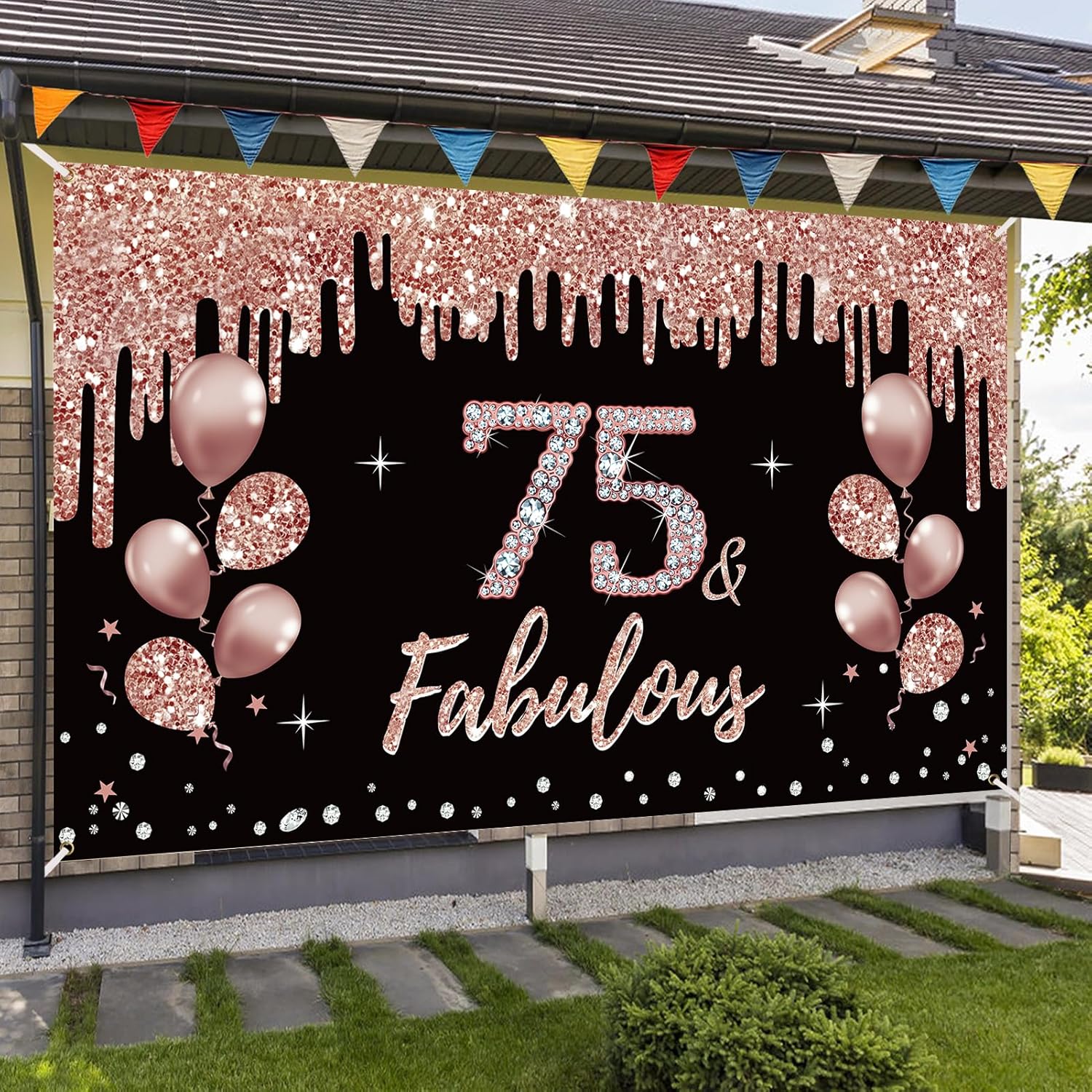 Decoraciones de cumpleaños número 75 y fabuloso cartel de cumpleaños para mujer, color oro rosa con temática de cumpleaños número 75, suministros de