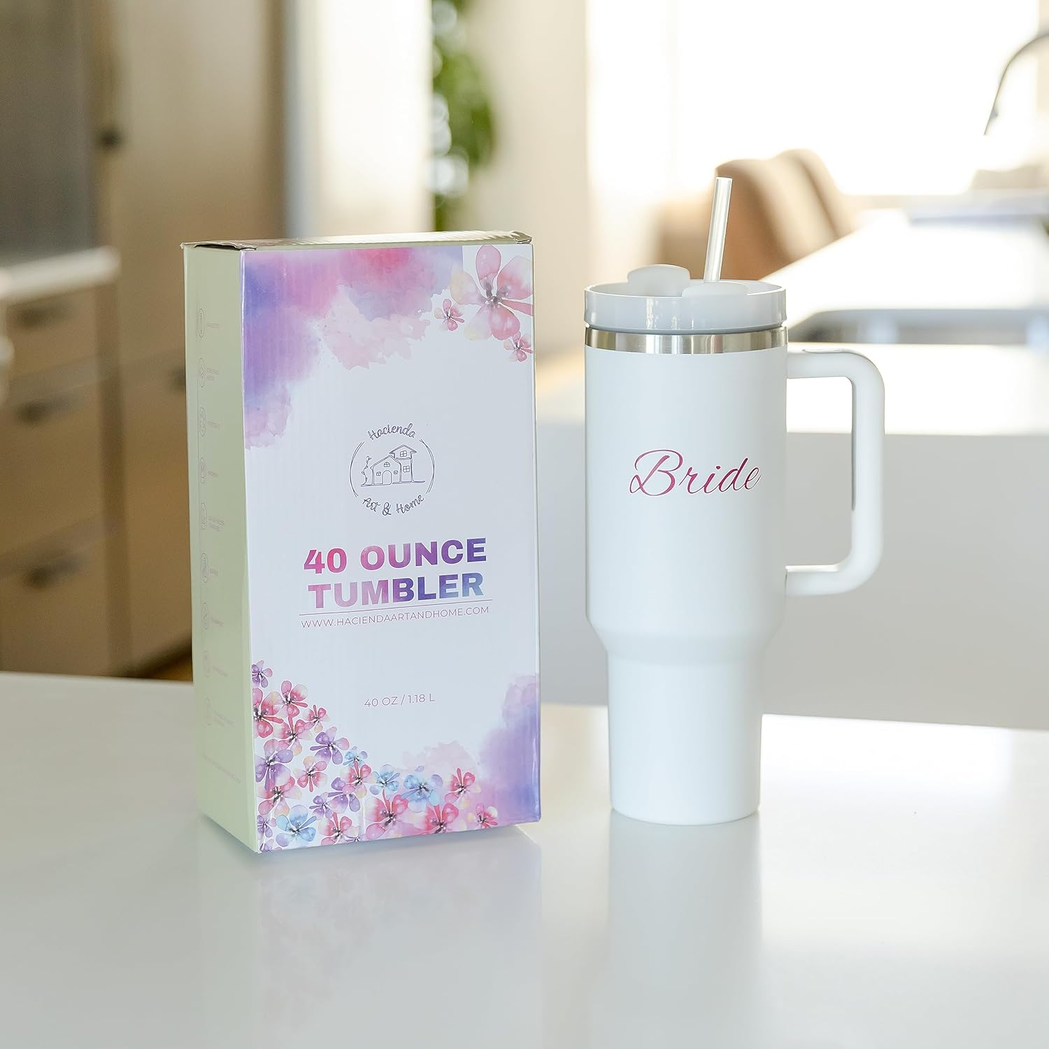 Bride’s – Vaso de 40 onzas con asa y popote, botella de agua de acero inoxidable aislada que cabe en el portavasos del automóvil, botellas de agua