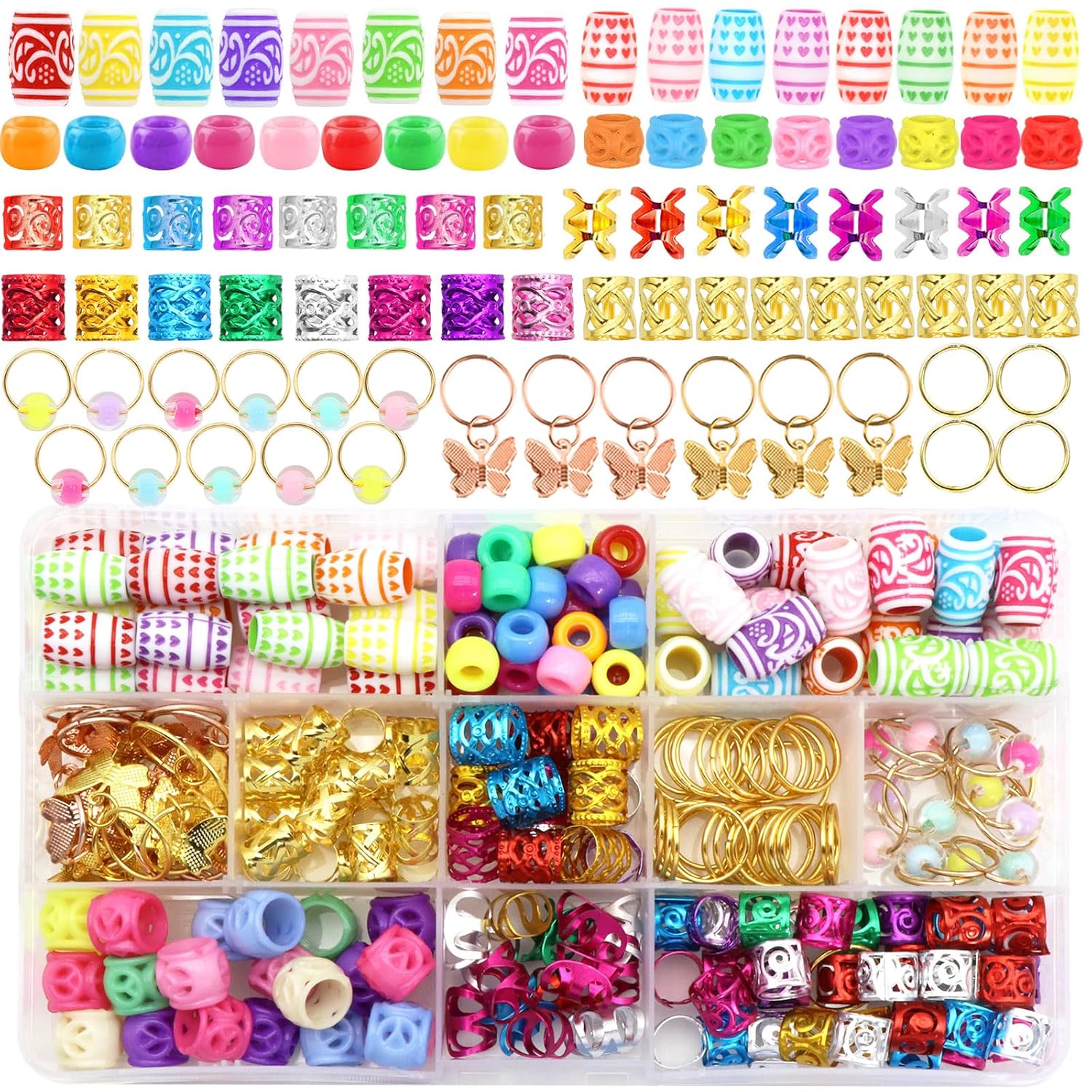 247 piezas de joyería para el cabello para trenzas de colores mixtos, cuentas de rastas de aleación de metal, anillos de trenzas de estilo múltiple,