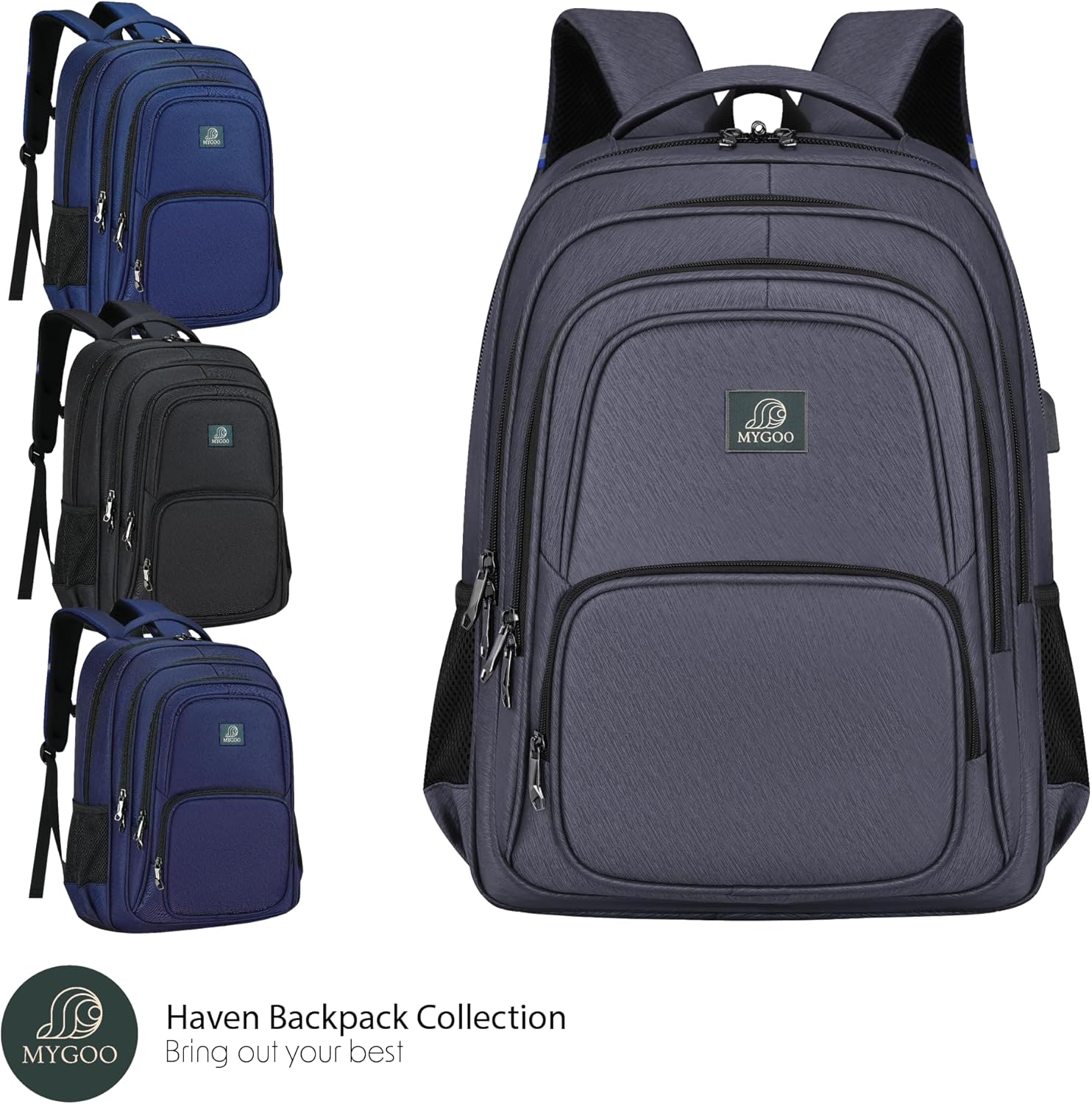 MYGOO Mochila de viaje para laptop  Mochila escolar unisex grande de 29L con puerto de carga USB para estudiantes universitarios y profesores , Gris