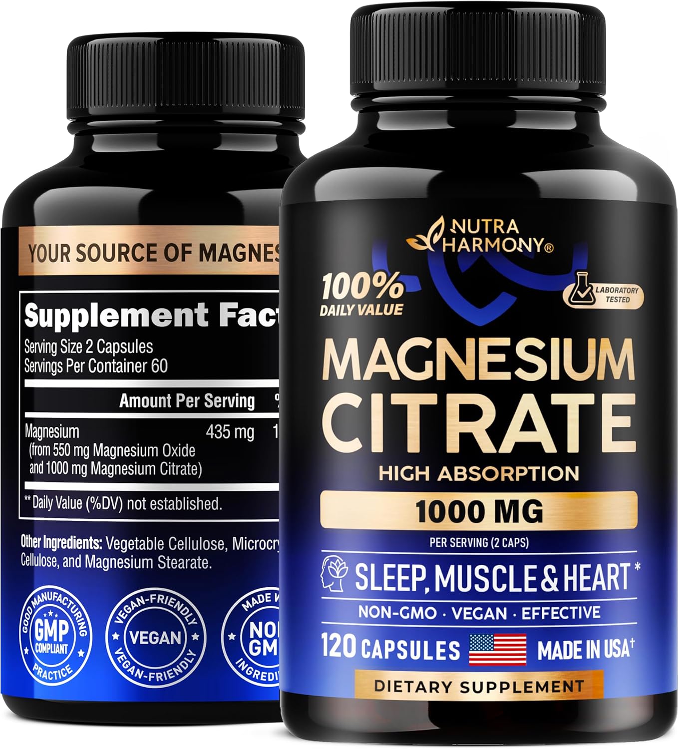 Cápsulas de citrato de magnesio de 1000 mg  100% DV  Suplemento de alta absorción – Soporte para dormir, músculos y corazón – Vegano  Sin OMG –