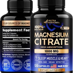 Cápsulas de citrato de magnesio de 1000 mg  100% DV  Suplemento de alta absorción – Soporte para dormir, músculos y corazón – Vegano  Sin OMG – Cápsulas de citrato de magnesio de 1000 mg  100% DV  Suplemento de alta absorción – Soporte para dormir, músculos y corazón – Vegano  Sin OMG –