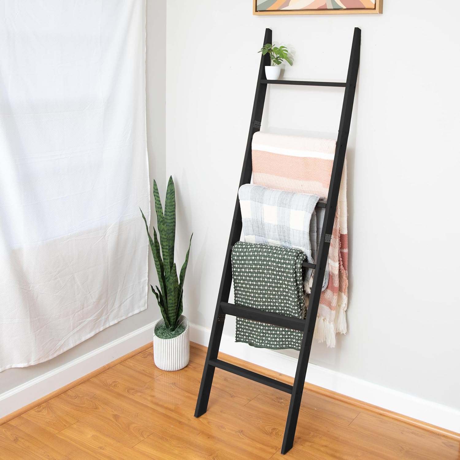 Ilyapa Escalera para manta para la sala de estar, escalera decorativa rústica con construcción plegable, fácil almacenamiento, madera envejecida