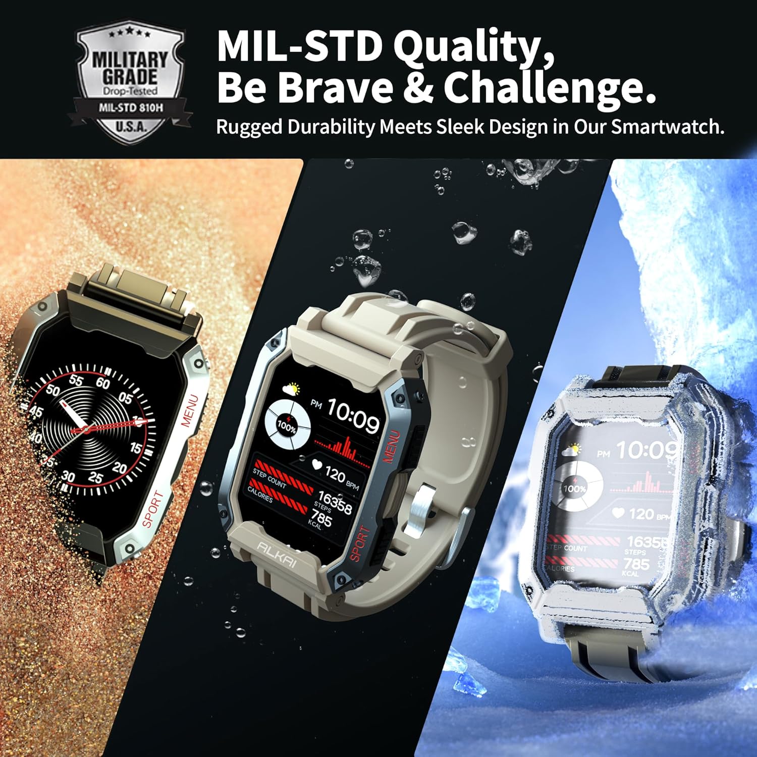 ALKAI Reloj inteligente resistente y militar con llamada Bluetooth impermeable de 5 ATM (respuesta  llamadas de marcado) asistente de inteligencia