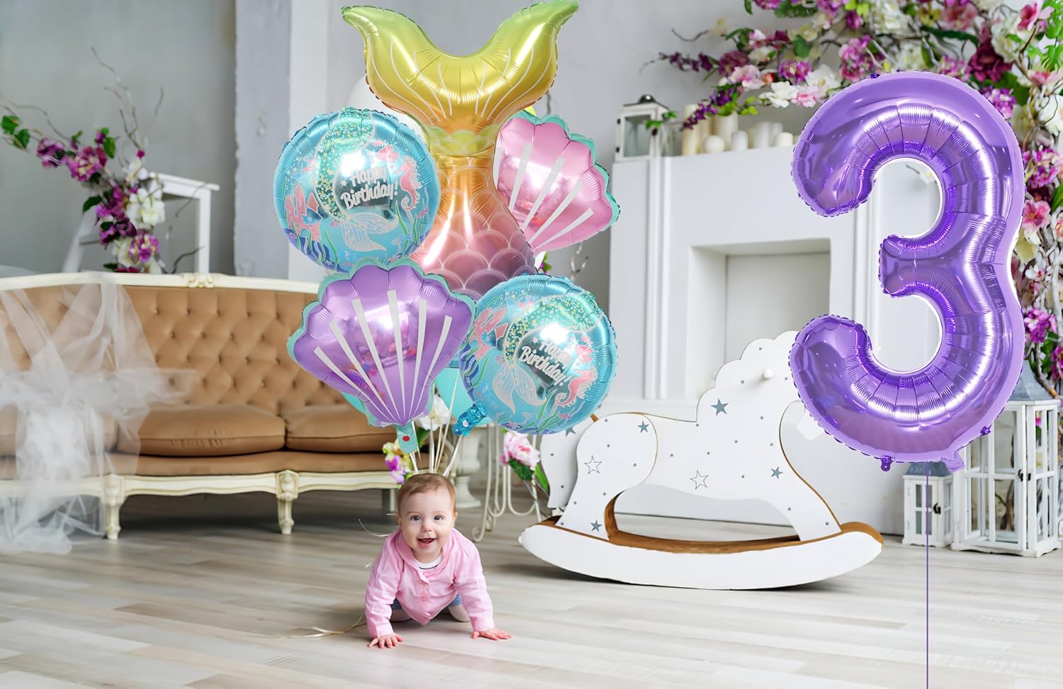 Decoraciones de fiesta de cumpleaños de sirena, suministros de fiesta de cumpleaños de sirena, incluye cola de sirena y globos morados del número 3