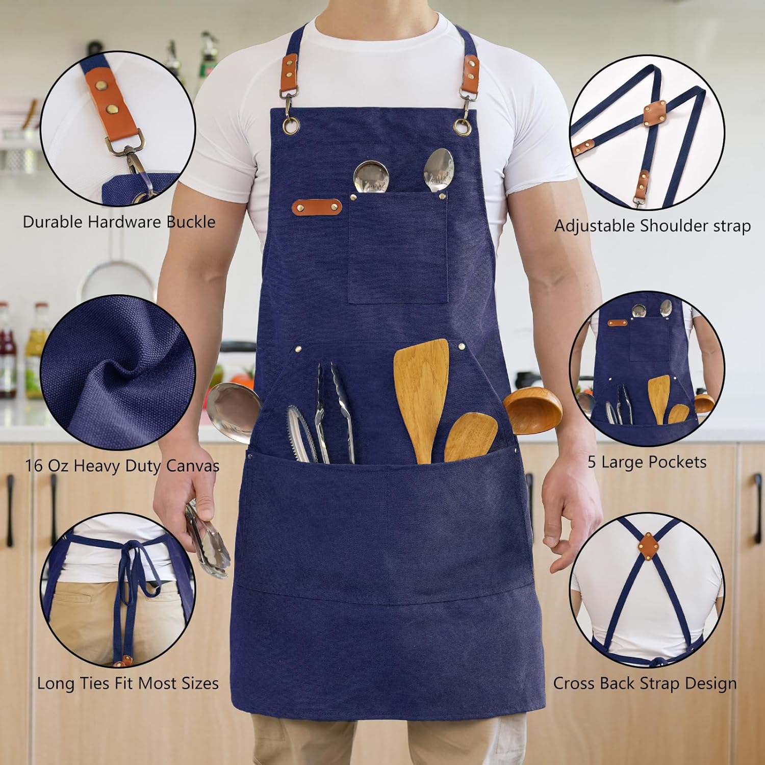 Aoomzoon Delantales de lona para hombre, delantal de chef, delantal de trabajo con bolsillos grandes, 16 onzas, parte trasera cruzada, barbacoa,