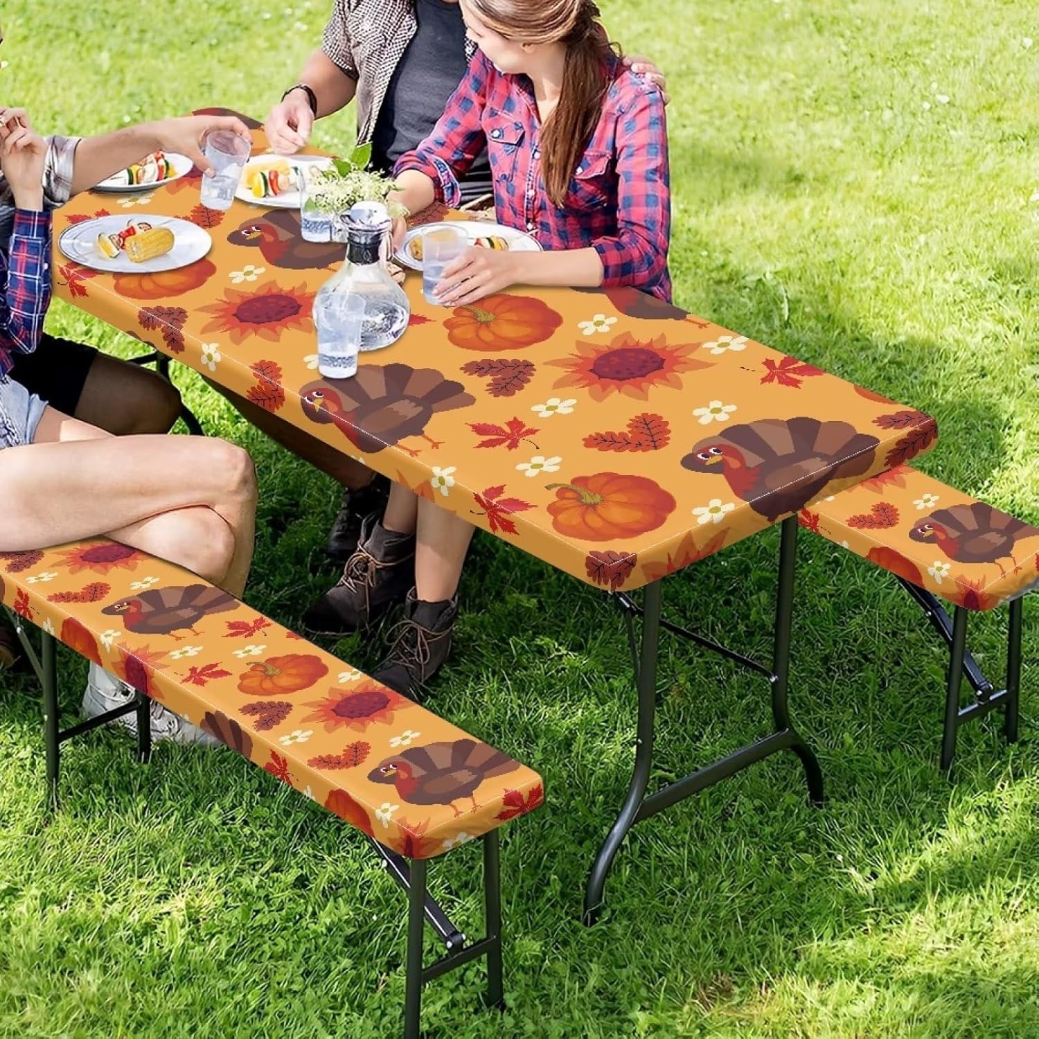 Eheartsgir Juego de 3 piezas de mantel de picnic con hojas de arce de pavo y girasol, lavable a máquina, fácil de instalar, funda para mesas y