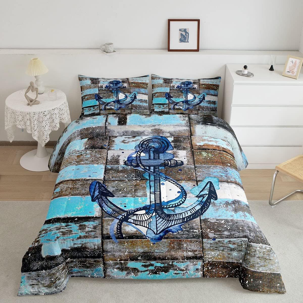 Navigation Anchor – Juego de edredón de 2 piezas, tamaño individual, ropa de cama con temática oceánica azul, regalo para niños y niñas, dormitorio