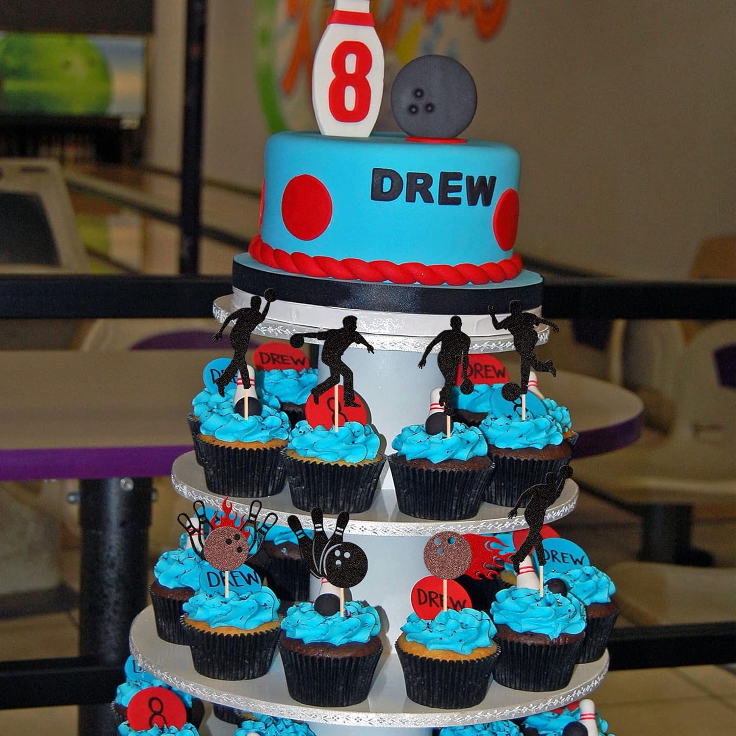 28 piezas de decoración de cupcakes con purpurina para jugadores de bolos para jugadores de bolos, bolos deportivos, decoración de pasteles para