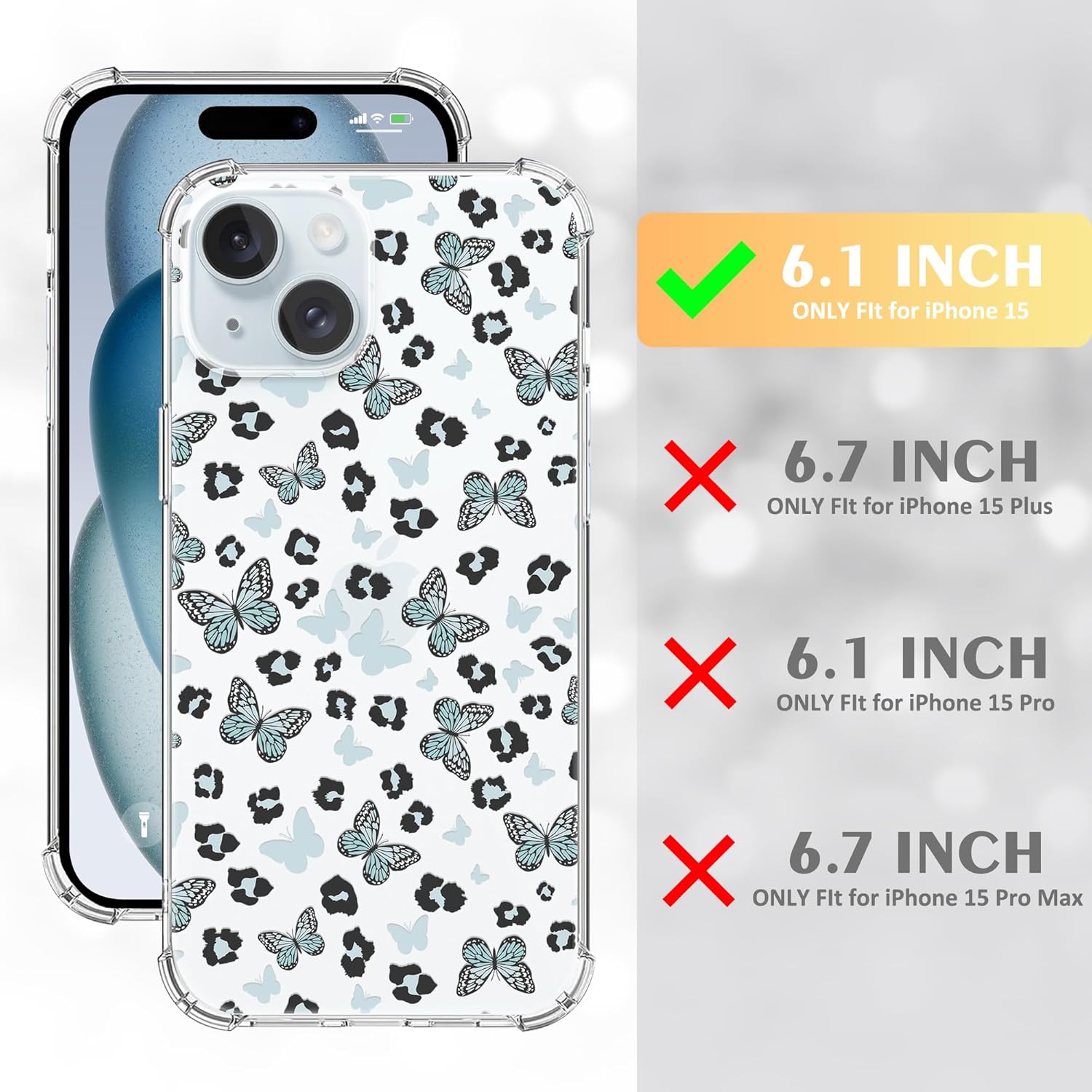 MSEAANBK Funda transparente con manchas de leopardo azul, diseñada para iPhone 15, diseño de mariposa azul, a la moda para niñas y mujeres, 4