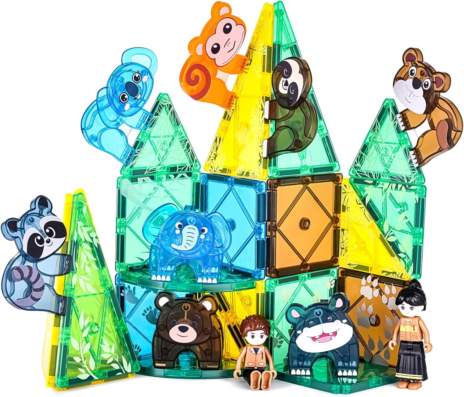 Asago Juego de azulejos magnéticos de dinosaurio con juego de animales de safari, juguetes de bloques de construcción magnéticos para niños pequeños
