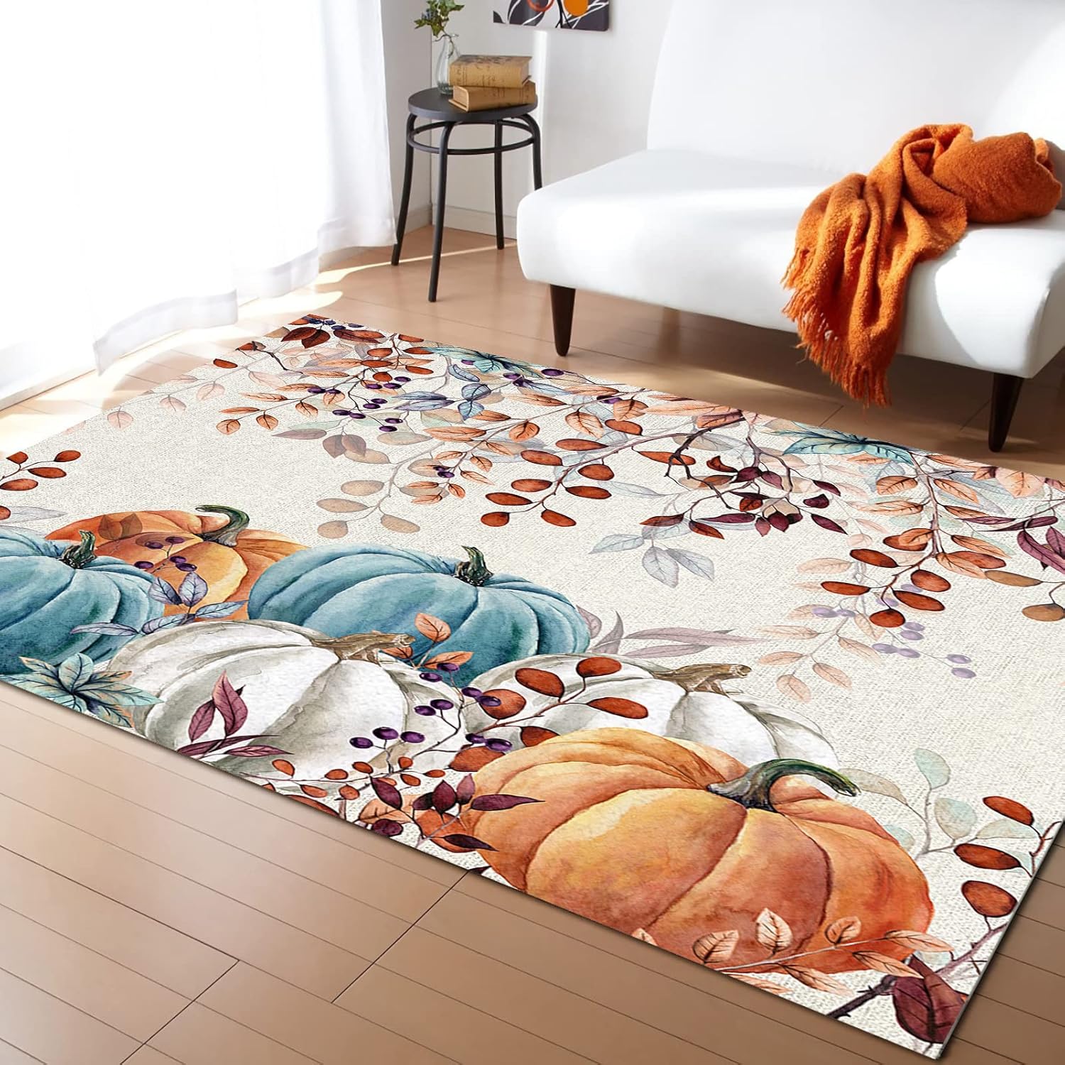 OComster Alfombras de área grande con forma rectangular de Acción de Gracias, 2 x 3 pies, color verde azulado, naranja, calabaza, marrón otoño,