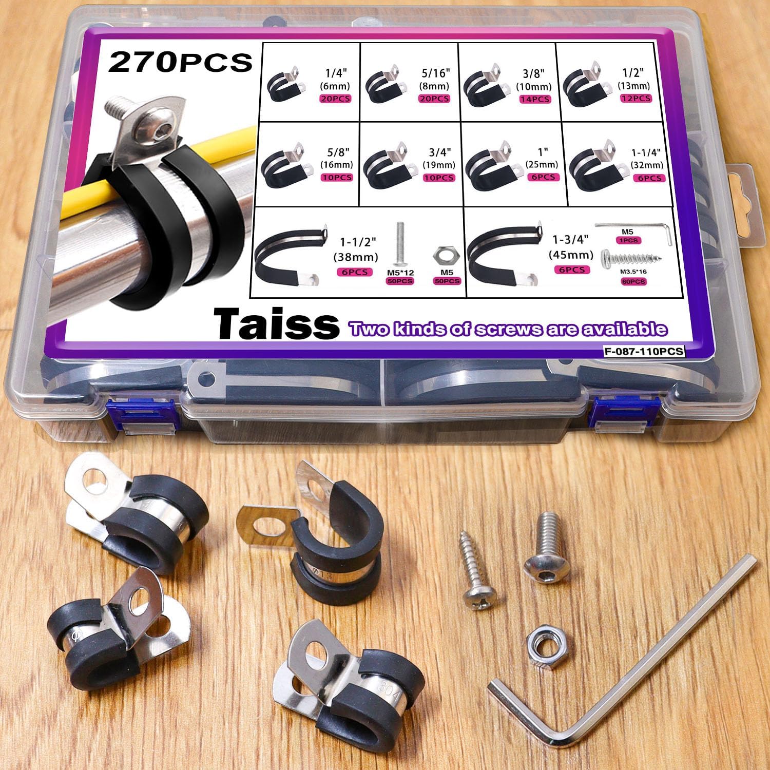 Taiss Kit surtido de 270 abrazaderas de cable, 10 tamaños de 14 pulgadas, 516 pulgadas, 38 pulgadas, 12 pulgadas, 58 pulgadas, 34 pulgadas, 1-14