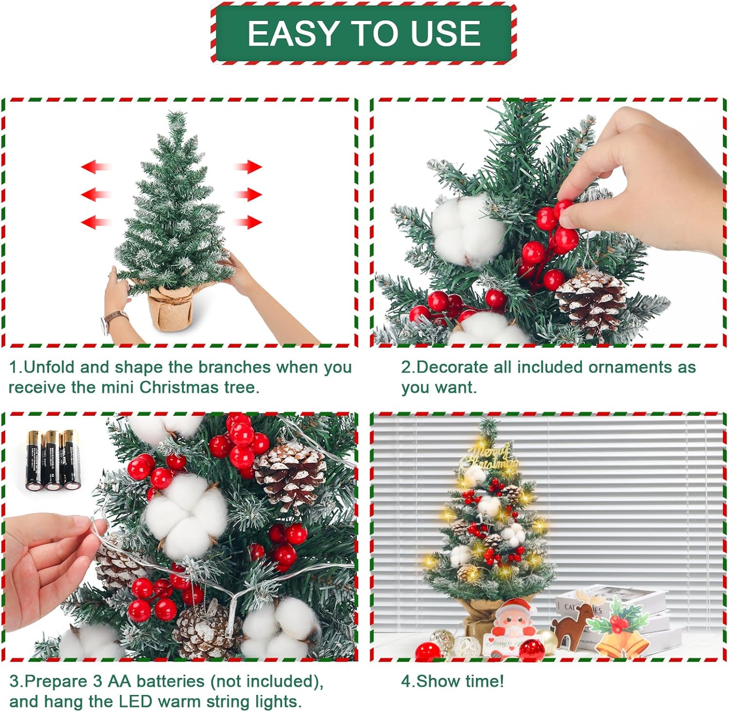 Mini árbol de Navidad artificial, de 21 pulgadas, pequeño árbol de Navidad flocado de nieve con adornos colgantes para vacaciones, interiores,