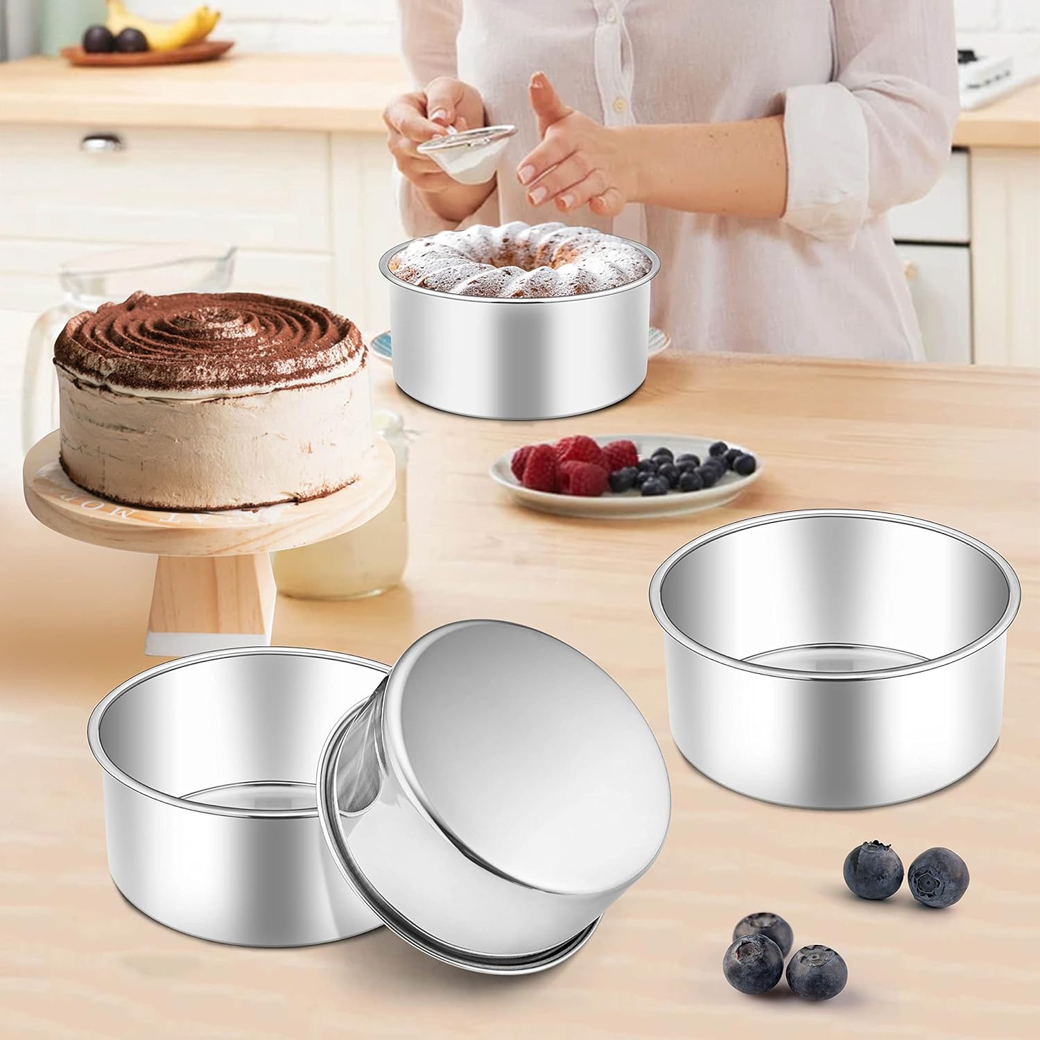 Homikit Juego de 4 moldes para tartas de 4 pulgadas, de acero inoxidable, redondos, para hornear, cumpleaños, boda, capa de tartas, juegos de moldes
