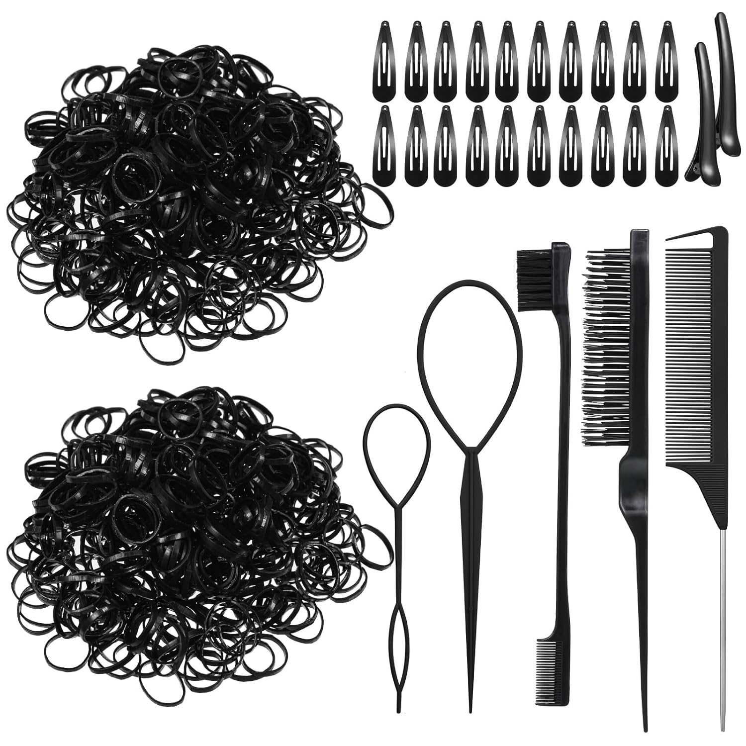 2000 bandas de goma negras para el cabello con 27 herramientas de peinado, pequeñas bandas elásticas para el cabello con cola Topsy Herramientas