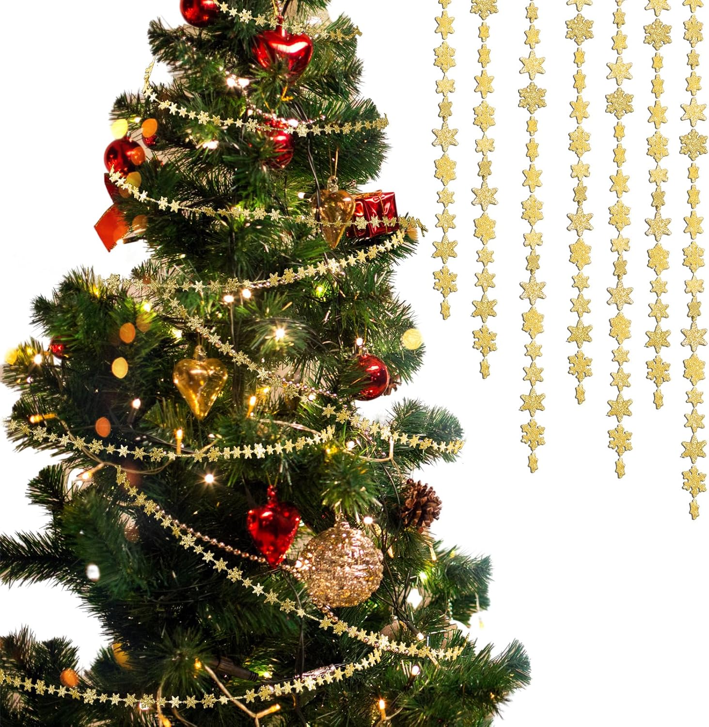Boao Decoración de copo de nieve colgante de Navidad de 32.8 pies, guirnalda de copos de nieve de invierno con purpurina, adornos para árbol de