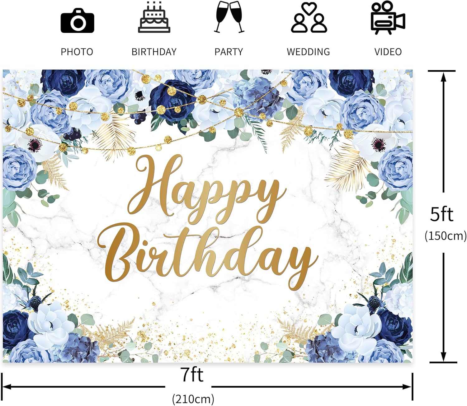 LIGHTINHOME Fondo de cumpleaños azul para mujer, 7 pulgadas de ancho x 5 pulgadas de alto, pancarta de feliz cumpleaños para niña, acuarela, floral,