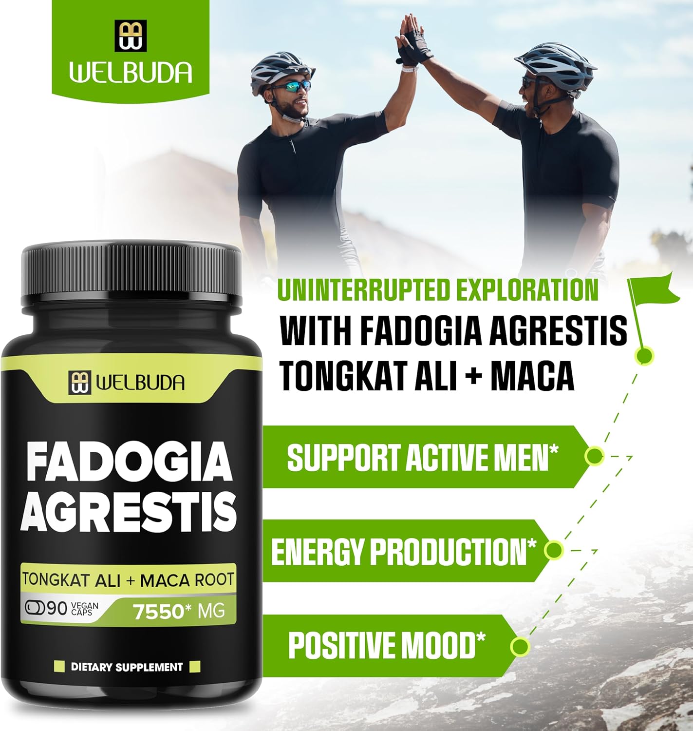 WELBUDA 4 en 1 Fadogia Agrestis Suplemento 7550mg  90 cápsulas  Extra fuerte con Tongkat Ali, raíz de maca y pimienta negra  Apoyo para la