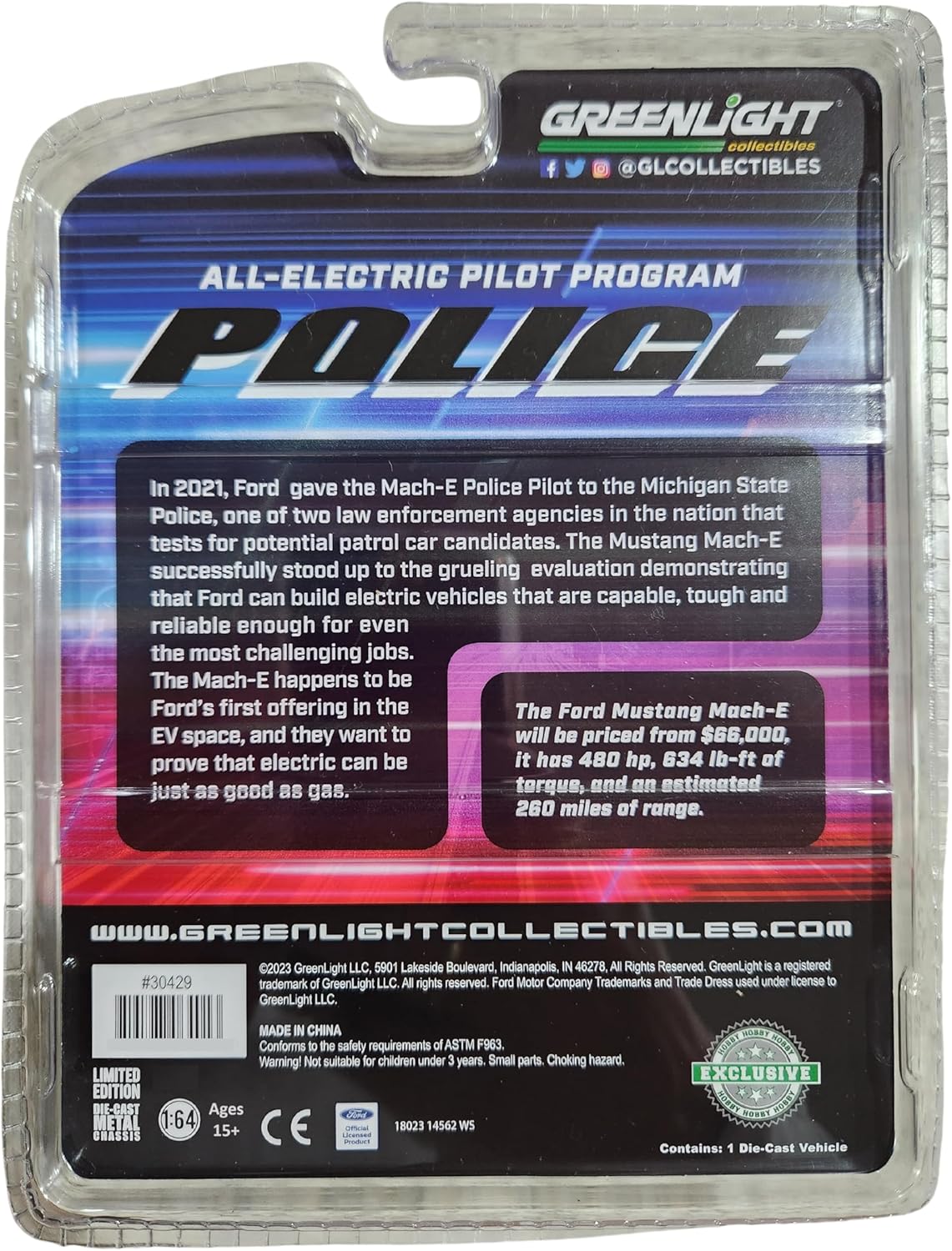 Greenlight 30429 2022 Ford Mustang Mach-E Police GT Performance Edition – Vehículo piloto totalmente eléctrico (exclusivo de Hobby) escala 164