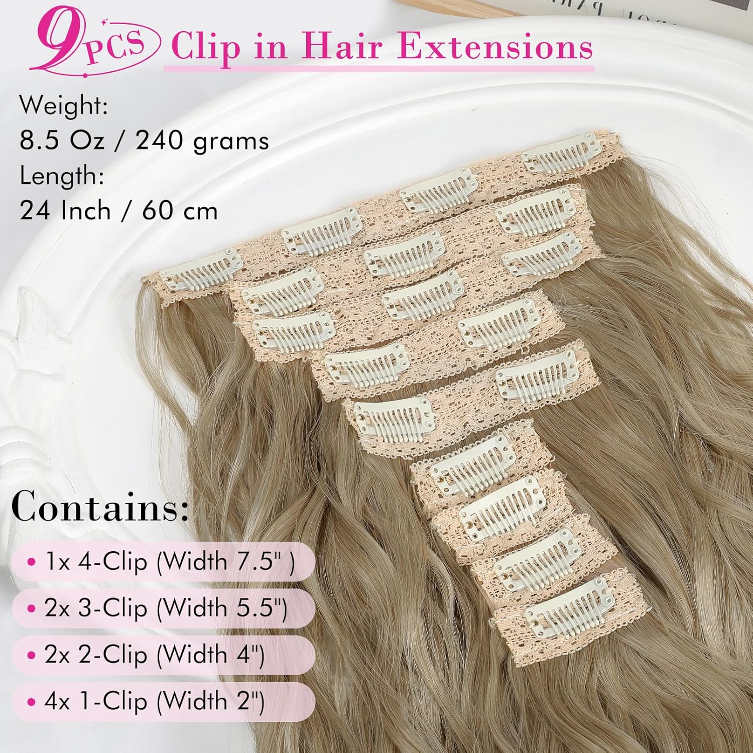 REECHO HE009 – 9 extensiones de cabello con clip de 24 pulgadas de grosor, largo, mini onda de sirena, lujosa, ligera, tecnología japonesa, fibra