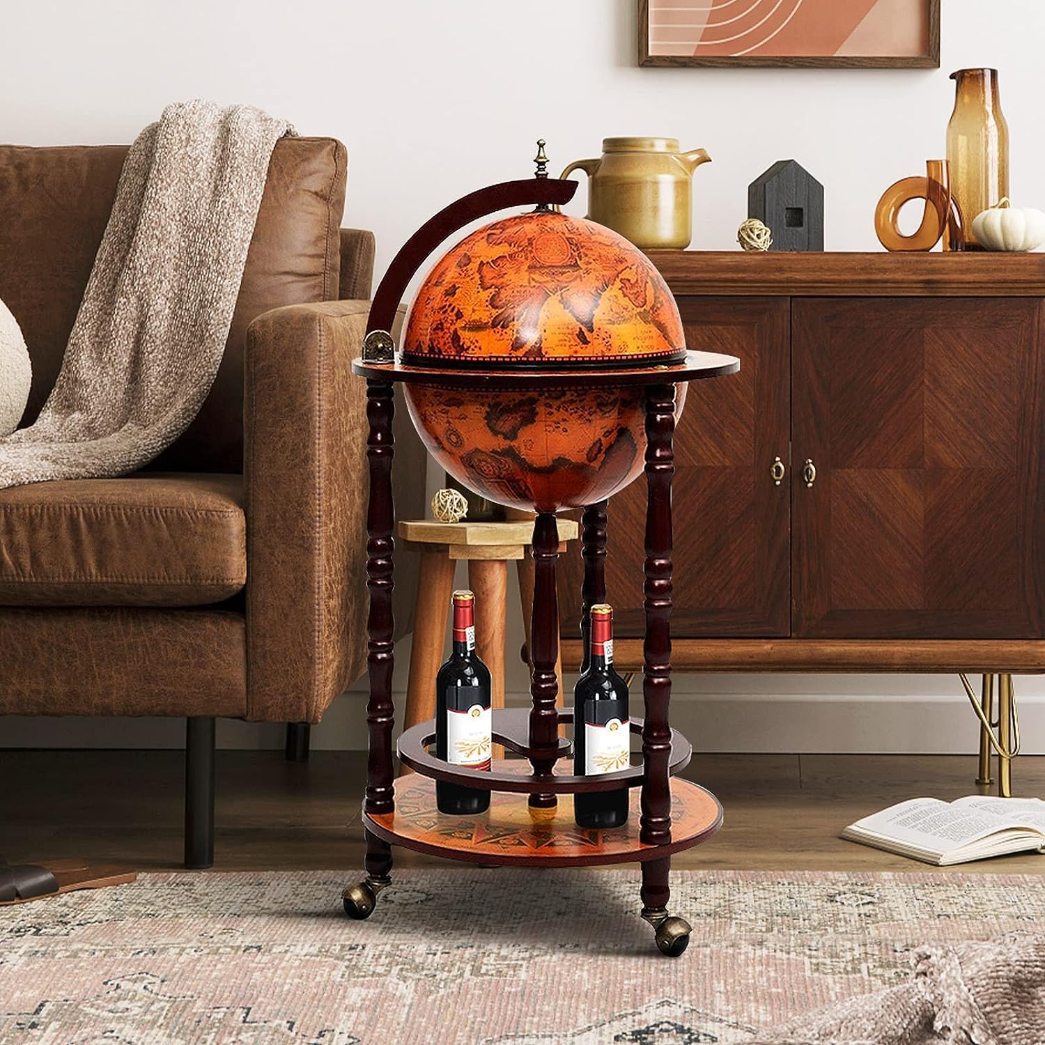 GOFLAME Wood Globe – Soporte para bar de vinos, estante italiano del siglo XVI, estante para botella de licor, gabinete de barra de globo con