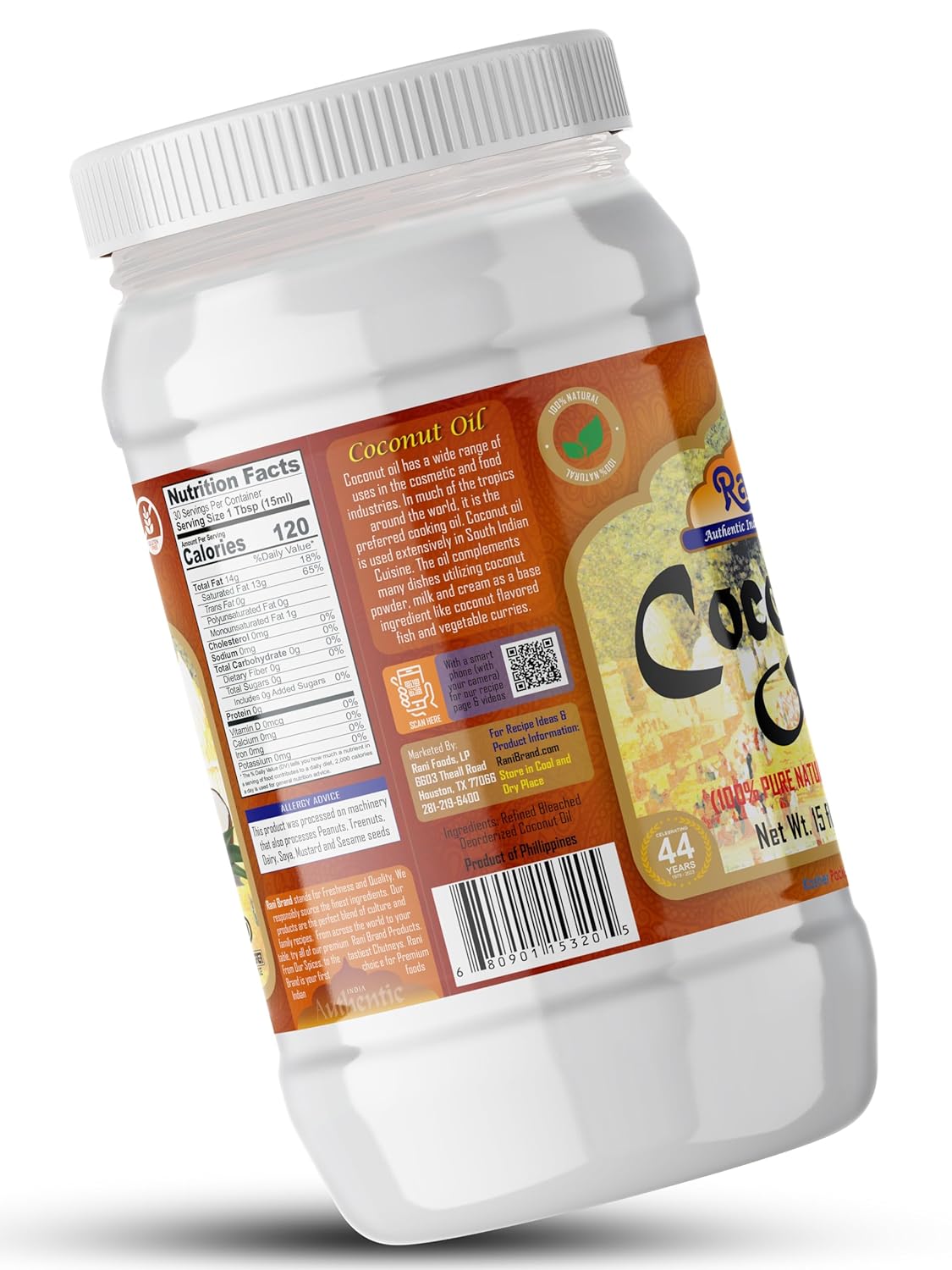 Aceite de coco Rani (aceite de coco natural 100% puro) 15 onzas líquidas (15.0 fl oz) prensado en frío, sin OMG, sin gluten, kosher, vegano, 100%