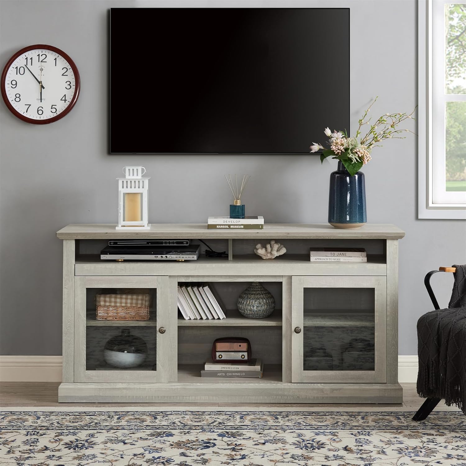 Soporte de TV de granja de 60 pulgadas, centro de entretenimiento con gabinete de almacenamiento, estantes ajustables, consola de TV multimedia para