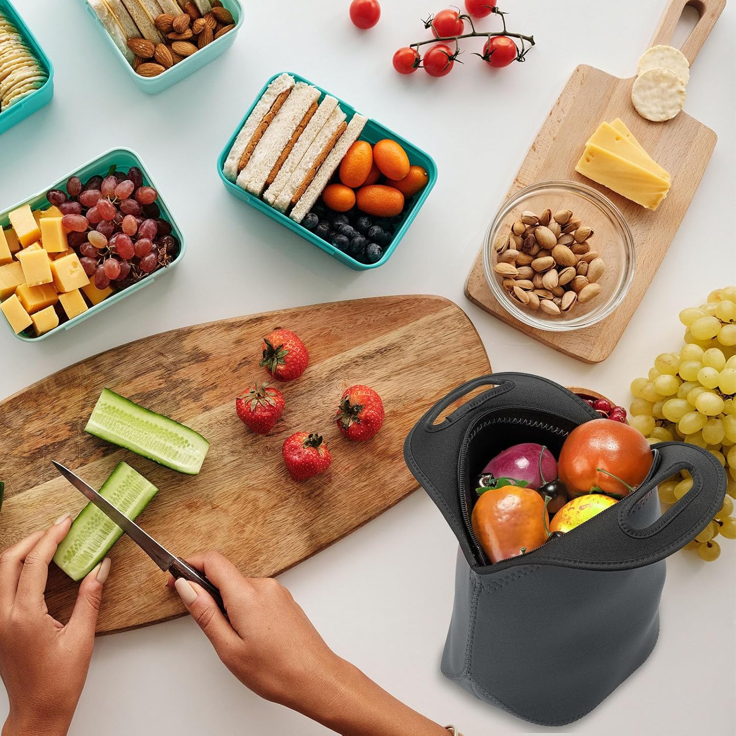 PATIKIL Bolsas de almuerzo de neopreno, paquete de 2 bolsas de almuerzo aisladas de 12 x 6 x 12 pulgadas, bolsas Bento reutilizables, bolsa térmica