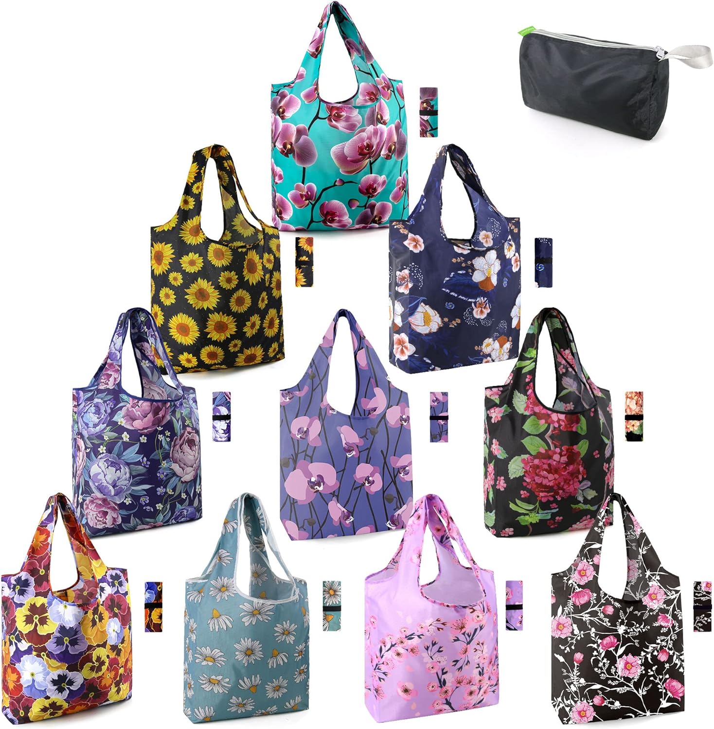 10 bolsas lavables, reutilizables,plegables y con estampados florales para compras, con bolsa de almacenamiento con cremallera, extra grandes, de 50