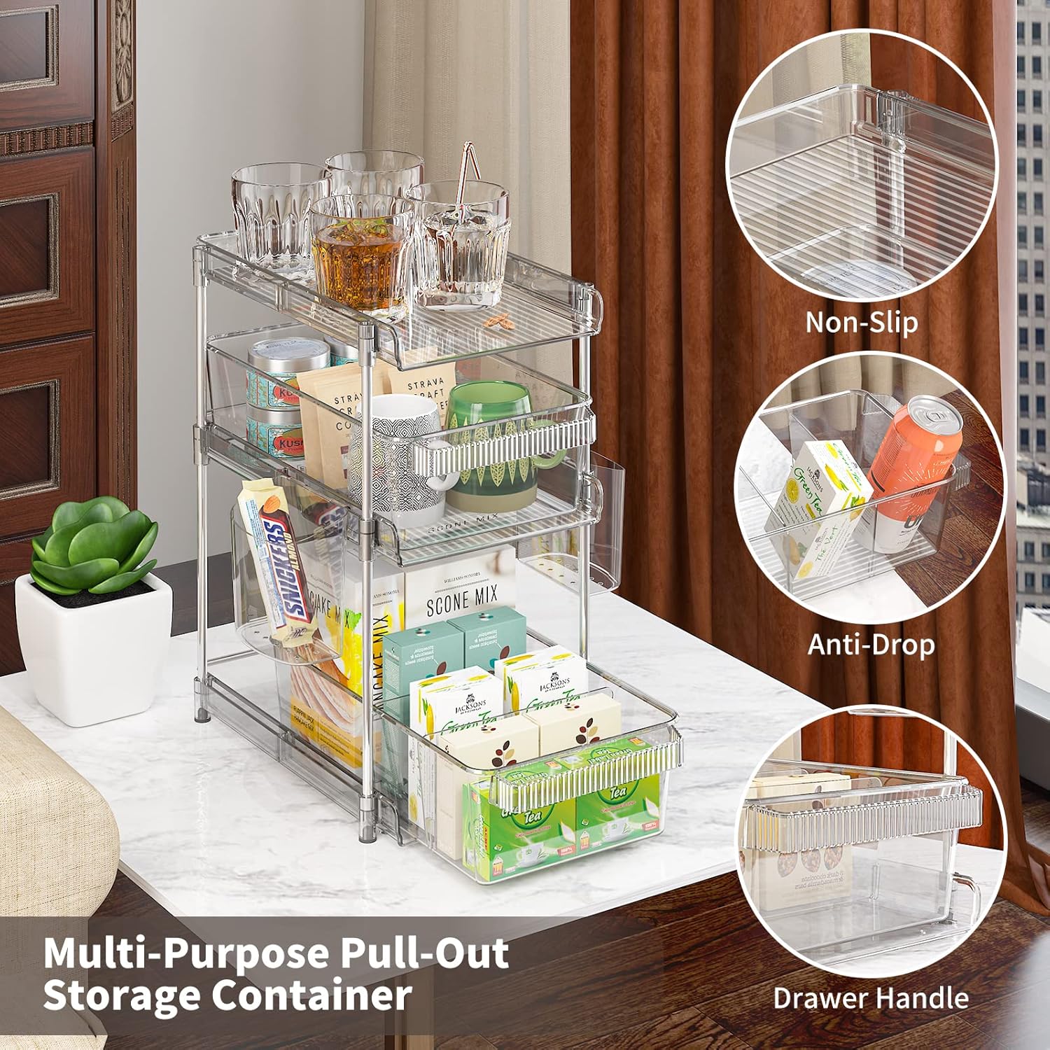 Organizadores de baño transparentes de 3 niveles, organizador extraíble y almacenamiento con 2 tazas, contenedor de almacenamiento deslizante con 6