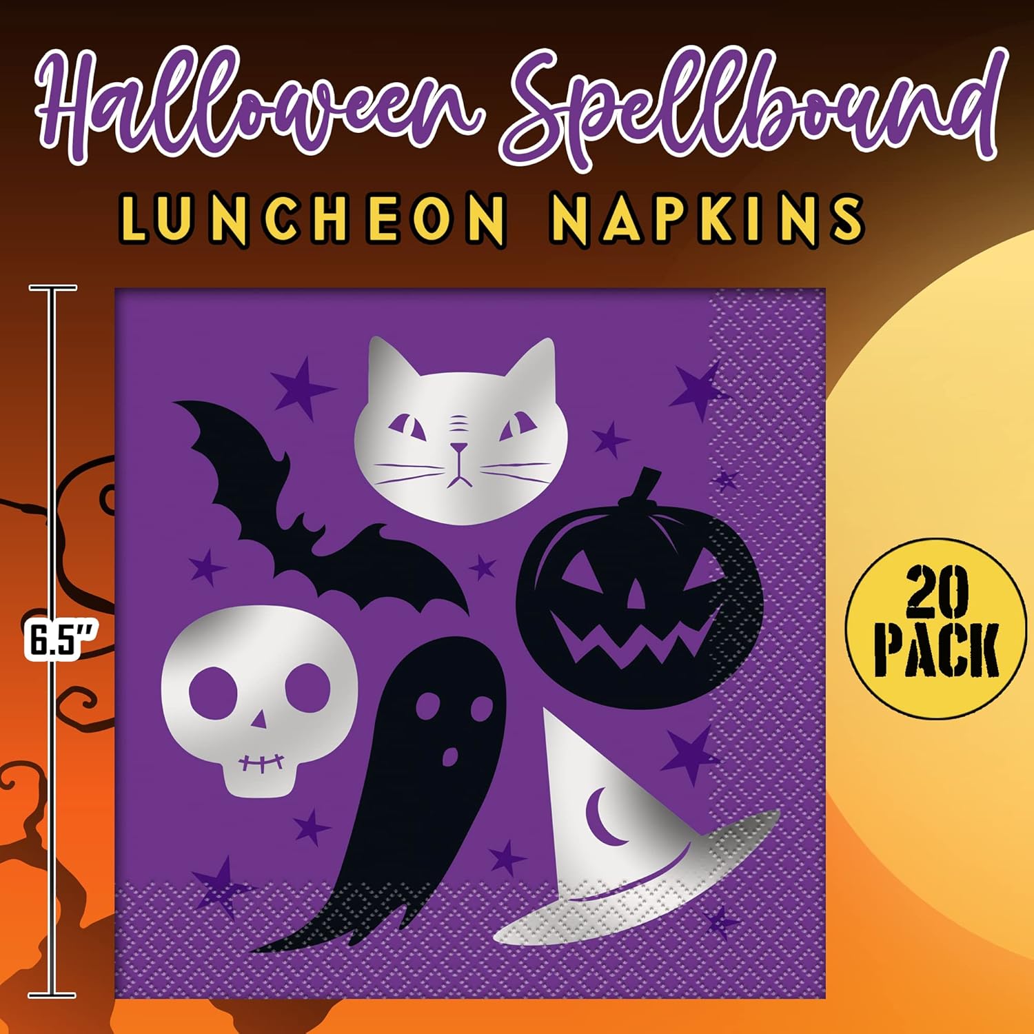 Unique Vajilla desechable de Halloween para 8 platos de cena y postre, 20 servilletas de almuerzo, decoraciones de papel negro y plateado