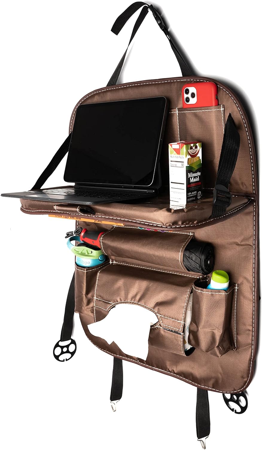 Organizador de asiento de automóvil resistente con bandeja de mesa plegable, soporte para tableta, 9 bolsillos de almacenamiento, protectores de