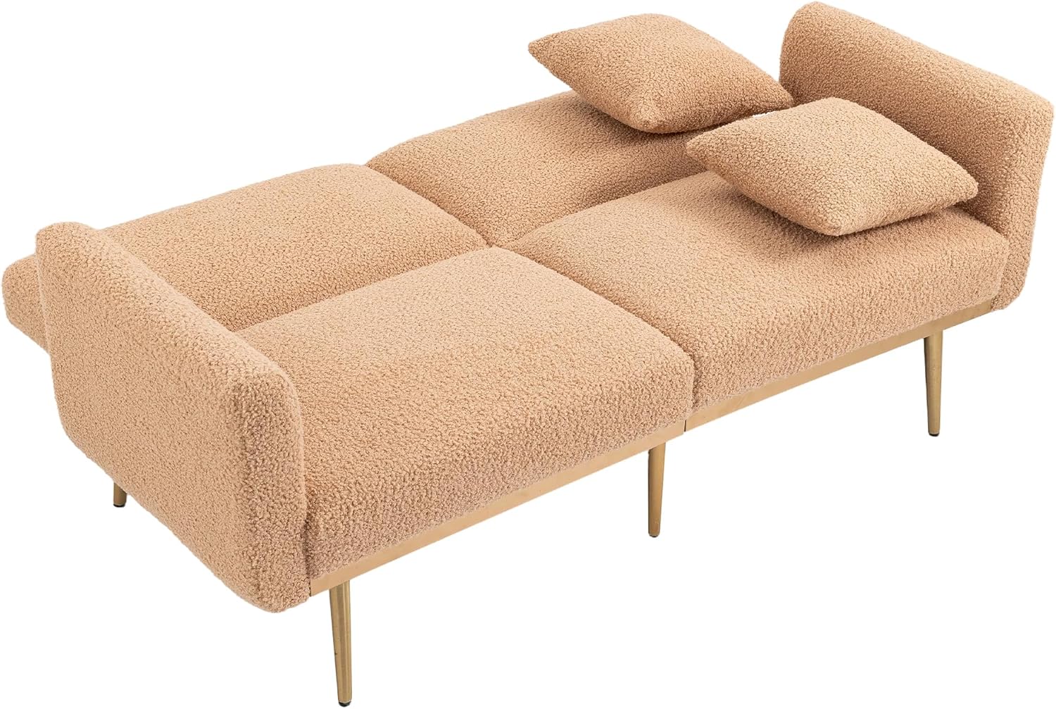 Kakotito Sofá biplaza de terciopelo moderno de mediados de siglo, sofá pequeño con 7 patas de metal dorado (Camel Teddy)