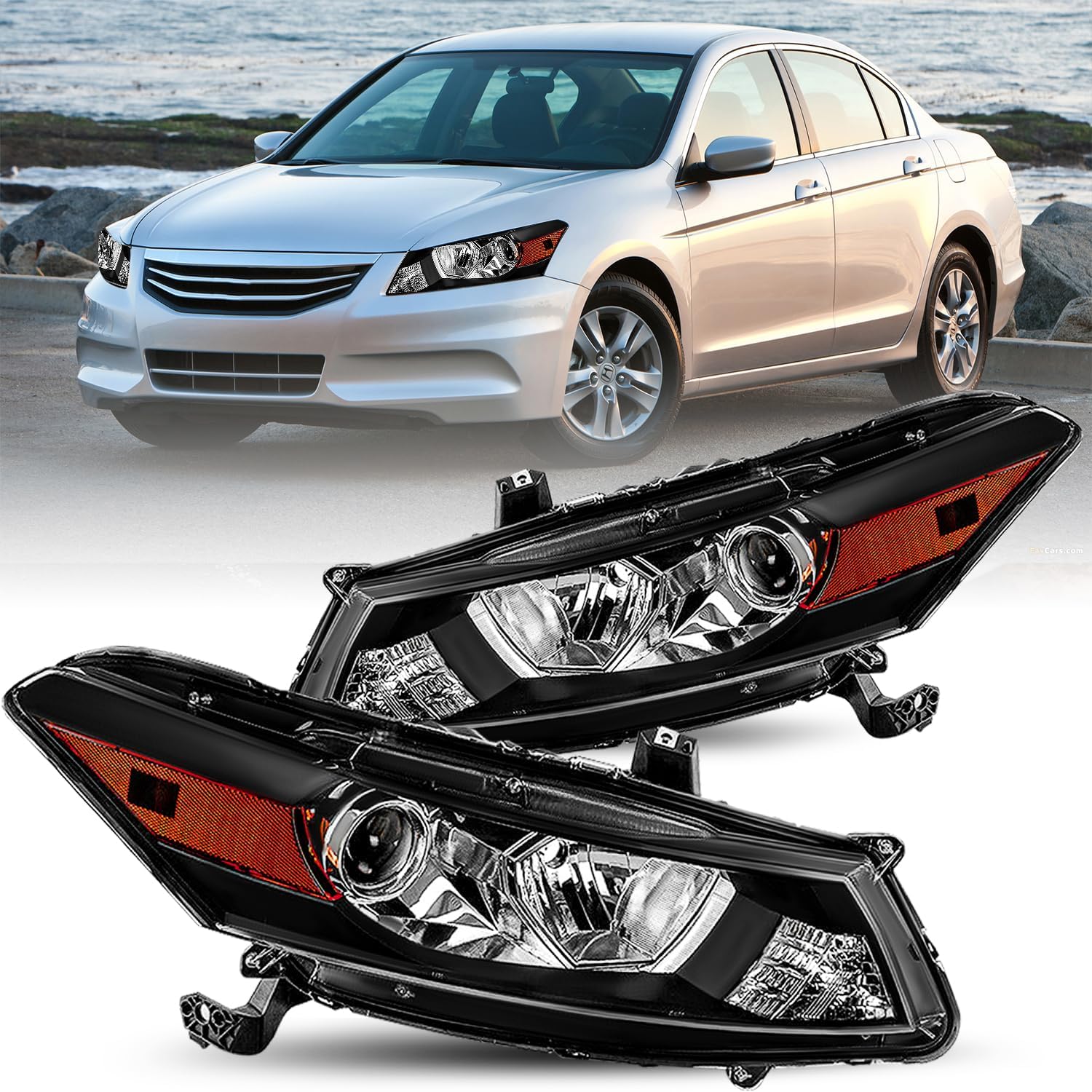 JSBOYAT Par de montaje de faros delanteros para Honda Accord Coupe 2008-2012 de 2 puertas tipo halógeno OEM proyector delantero negro esquina ámbar